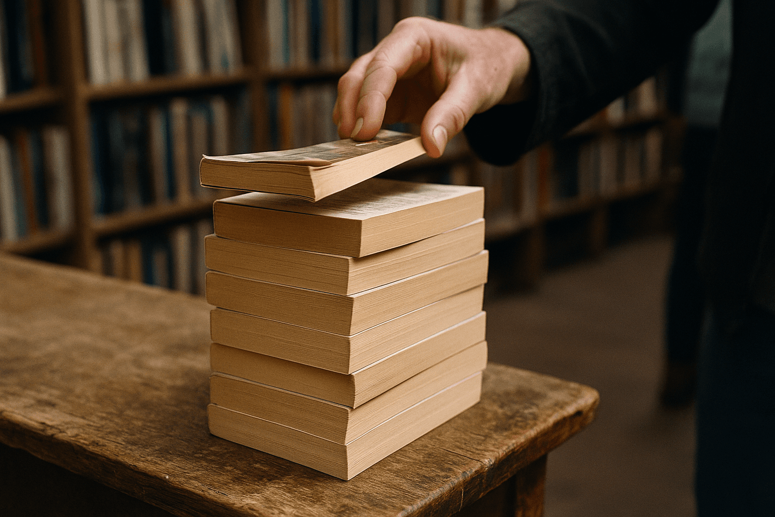 Paperback novels stacked face-down on a worn wooden bookshop table, a customer's hand lifting the top copy from the pile.