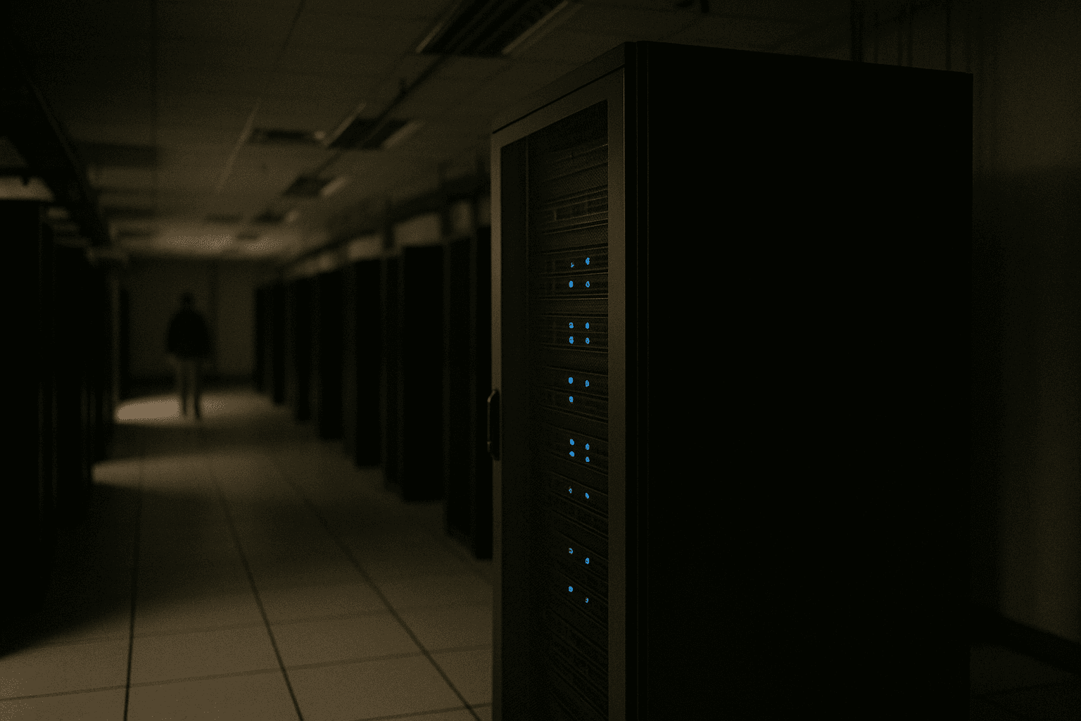 A sleek, dark metallic server rack illuminated by faint, pulsing blue lights stands in a dimly lit, empty data center aisle, symbolizing the hidden technological infrastructure driving modern financial systems.