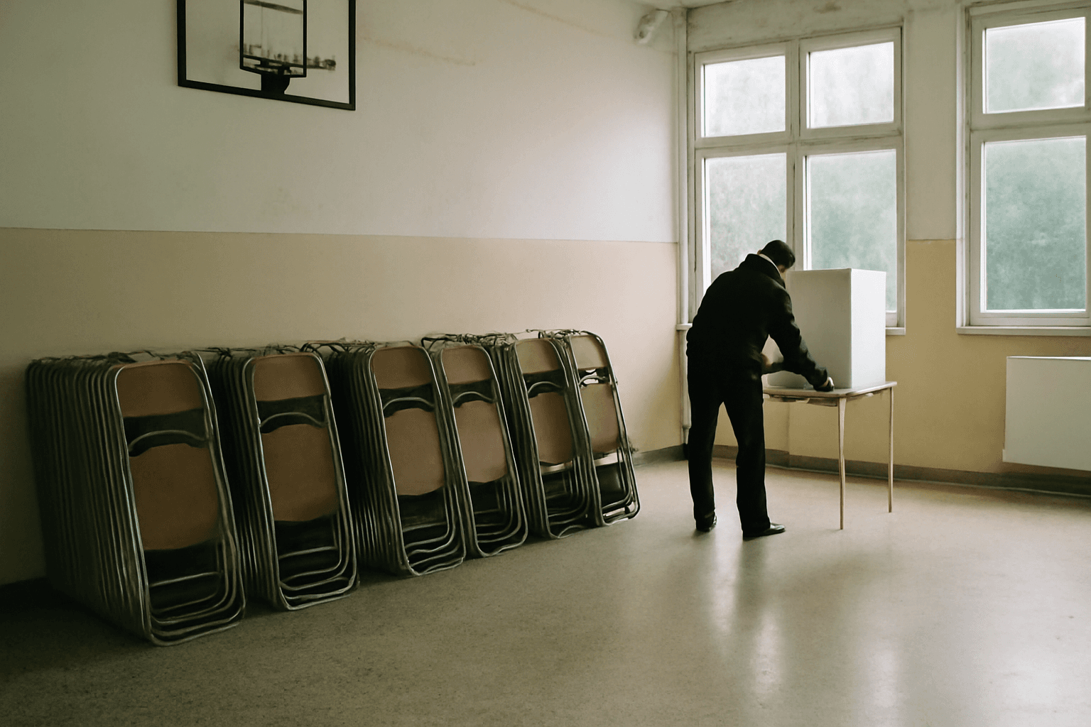 Folding chairs stacked along the wall of an empty school hall being prepared as a polling station ahead of Bosnia's vote.