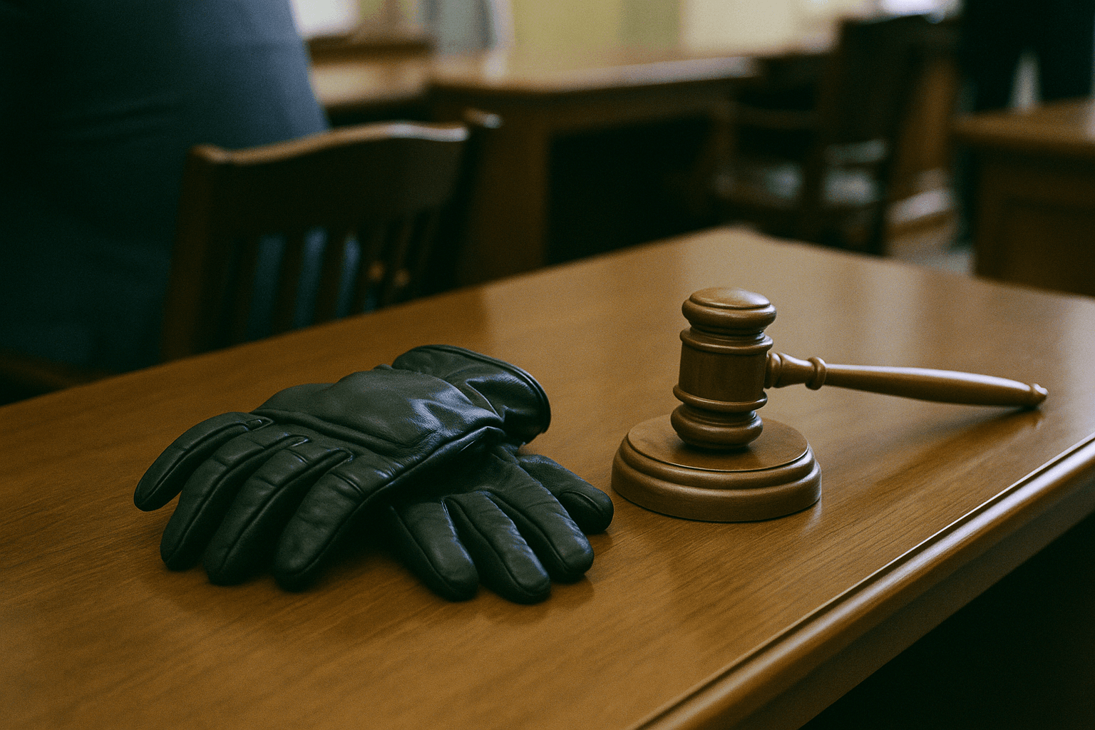 A pair of thick, tactical black leather gloves resting alone on a polished wooden desk beside a wooden gavel.