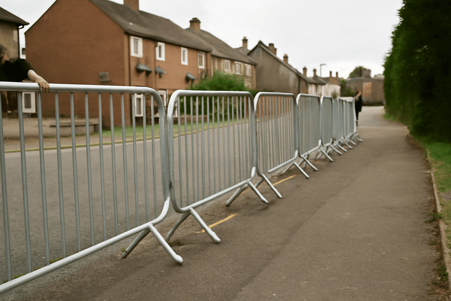 A row of metal crowd barriers standing on a quiet residential street in Portadown on an overcast morning.