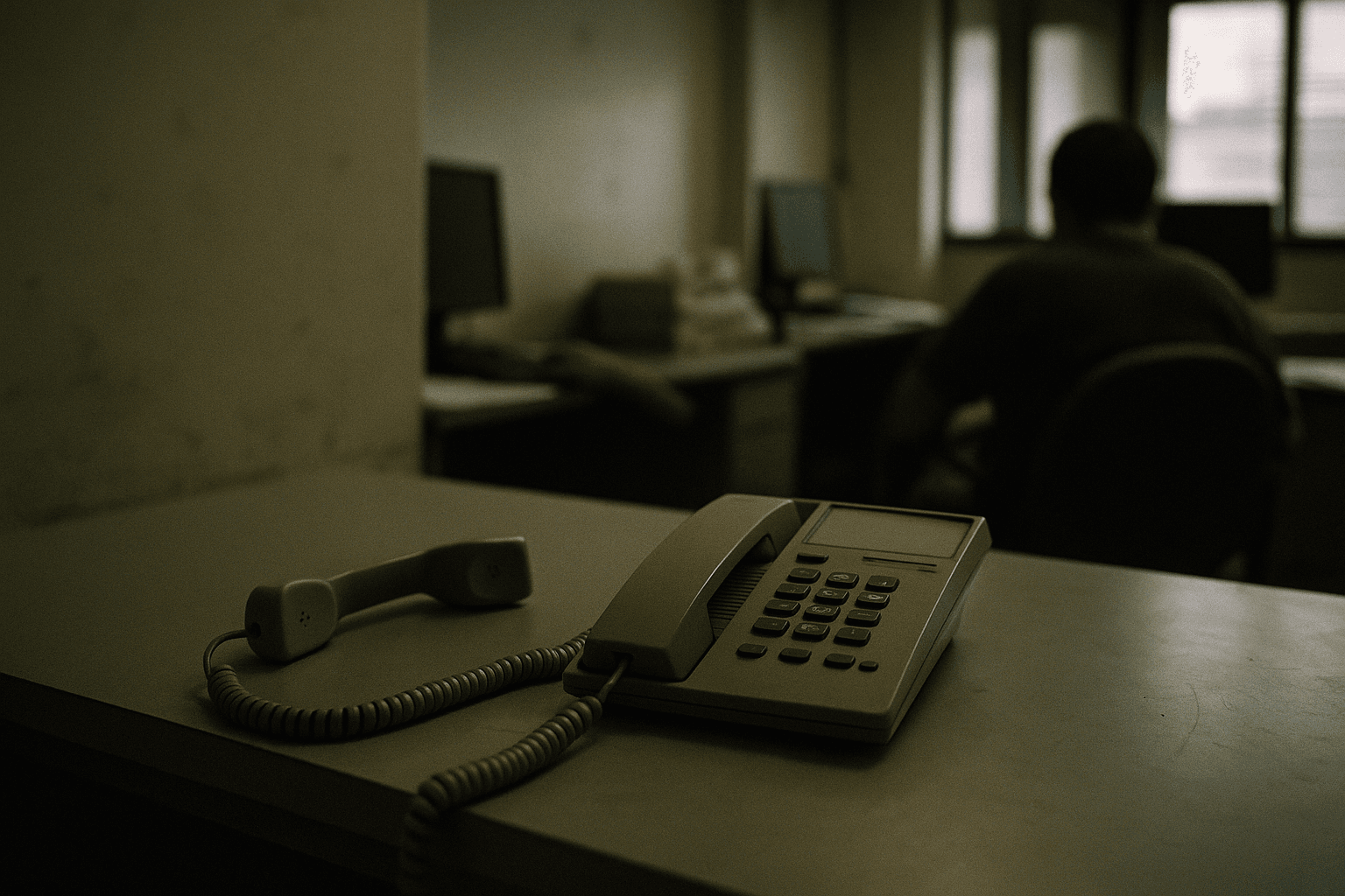 A landline telephone with its handset set aside on a plain desk in a dimly lit office.