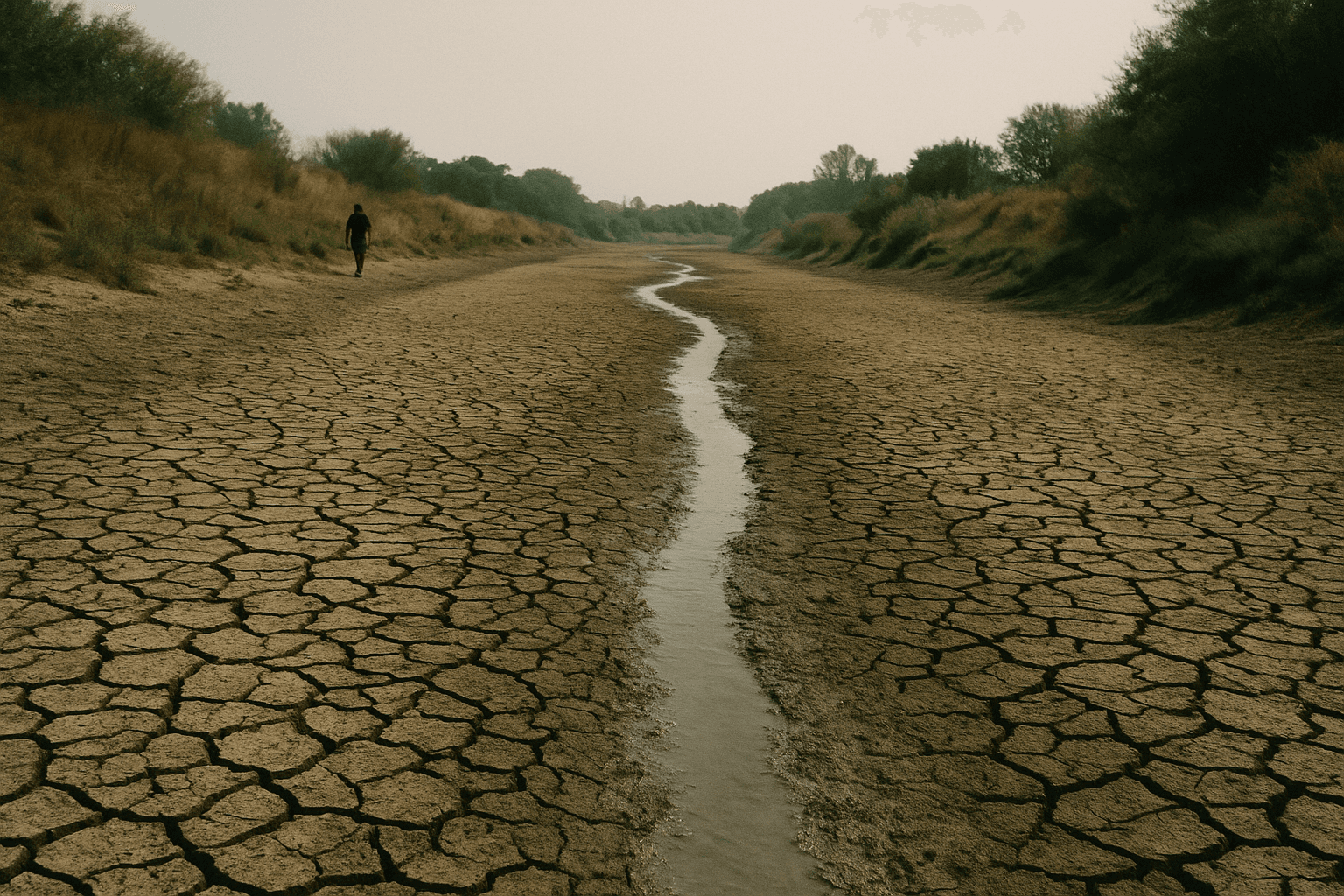 A dried riverbed with cracked mud and a thin trickle of water under a hazy summer sky.