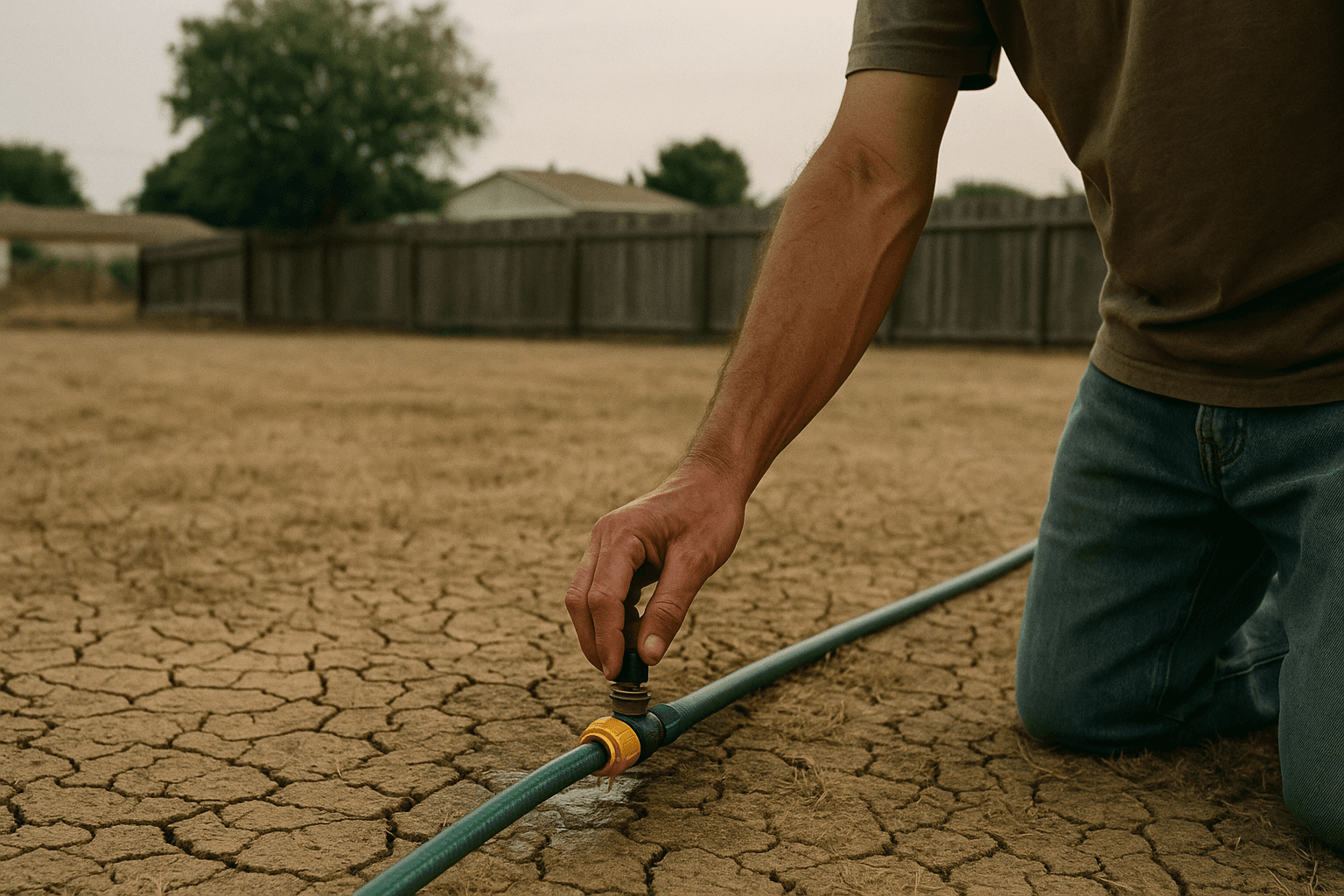 A hand adjusts a garden hose on a cracked, parched lawn under a hazy afternoon sky.