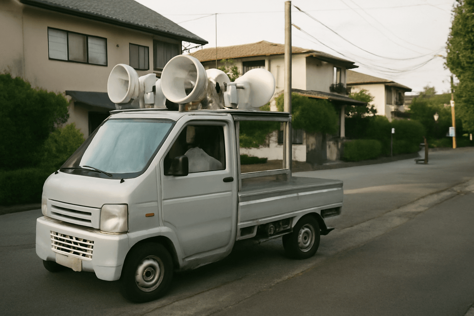 A small campaign sound truck with rooftop loudspeakers parked on a quiet residential street in the late afternoon.