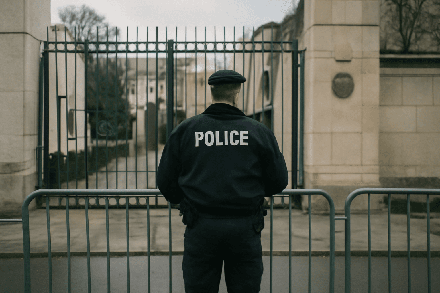 A police officer seen from behind at a metal barrier outside a gated embassy entrance on a grey morning.