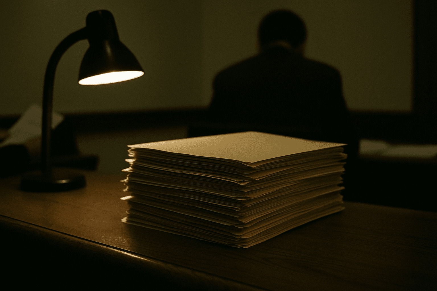 A stack of thick, unmarked manila folders resting on a polished oak desk beneath the dim, focused beam of a single desk lamp.