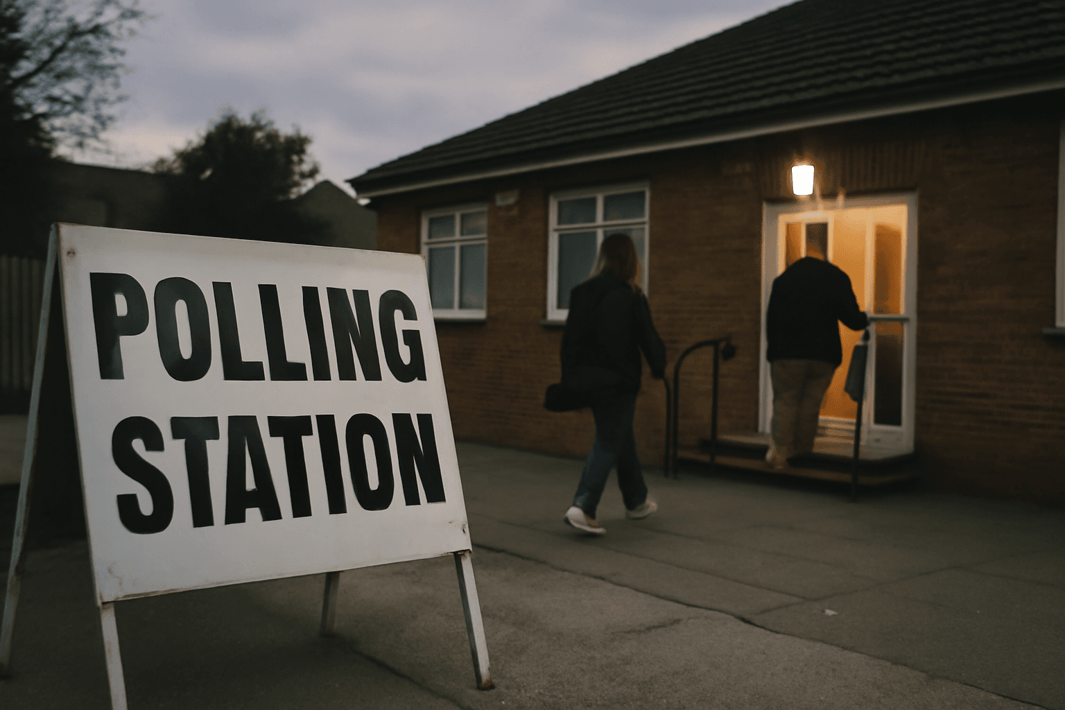 A polling station sign outside an ordinary north London community hall as voters arrive under grey evening skies.