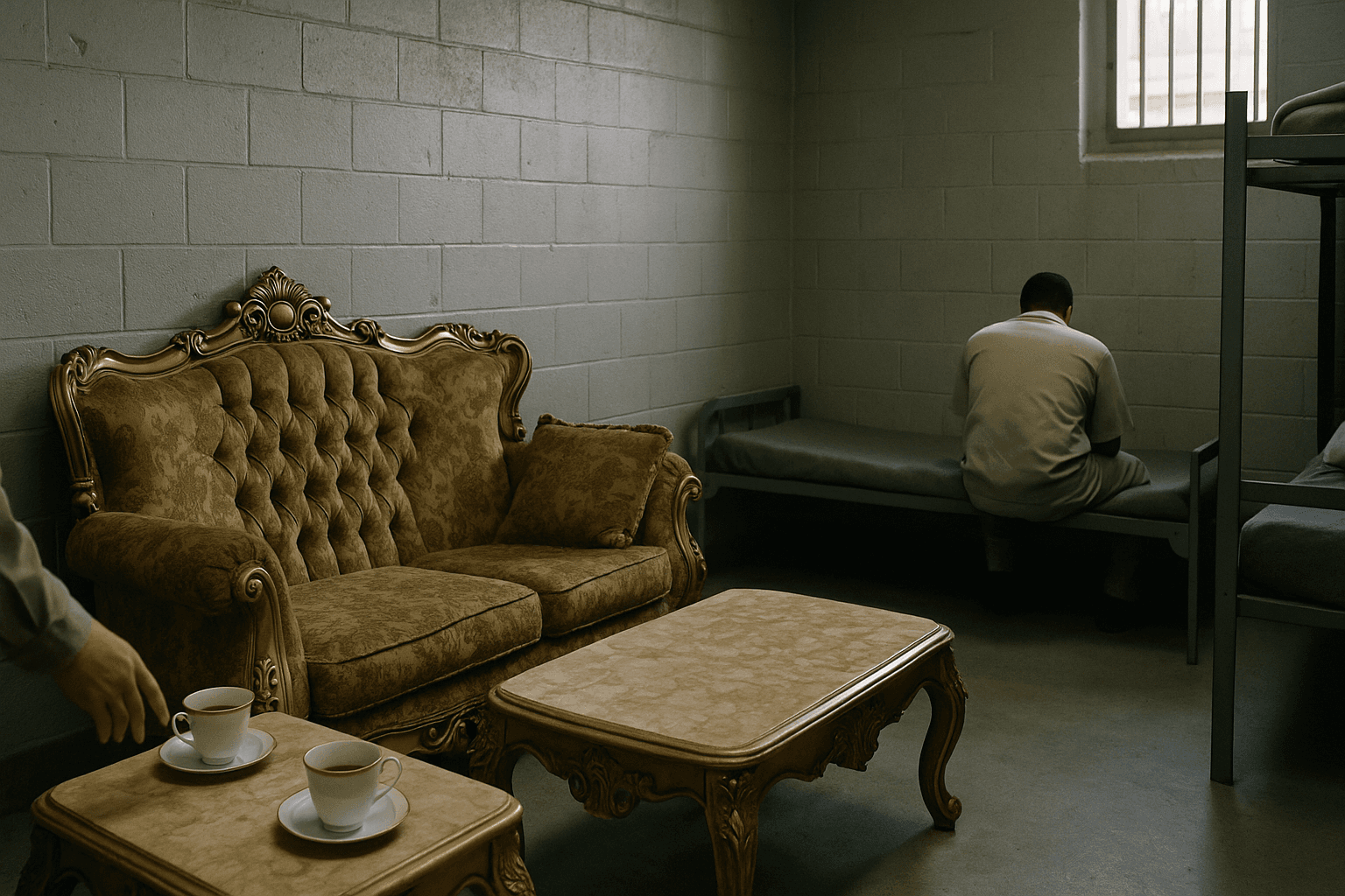 Ornate, villa-style interior furnishings sit in stark contrast against the cold, bare concrete walls of a standard correctional facility.