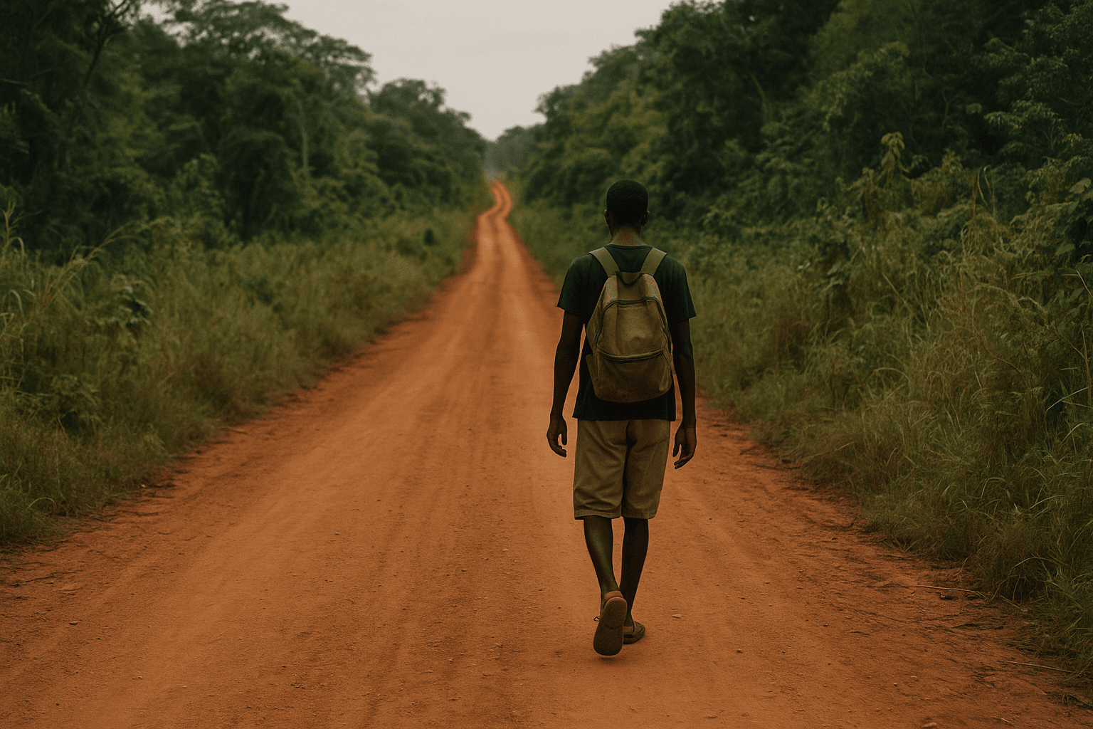 A figure seen from behind walks a red dirt road that disappears into dense bush in a remote border region.