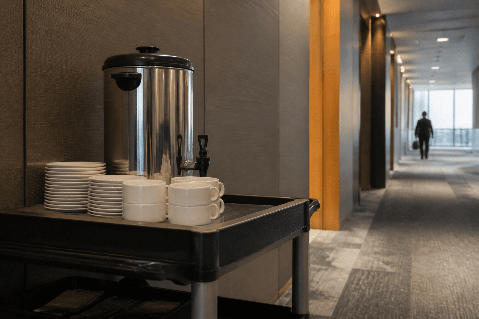 A tea urn and stacked white cups on a trolley in a quiet conference centre corridor before the morning speeches.