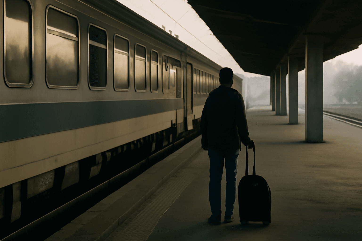 A passenger train standing at a quiet platform in early light, a single figure with a suitcase seen from behind.