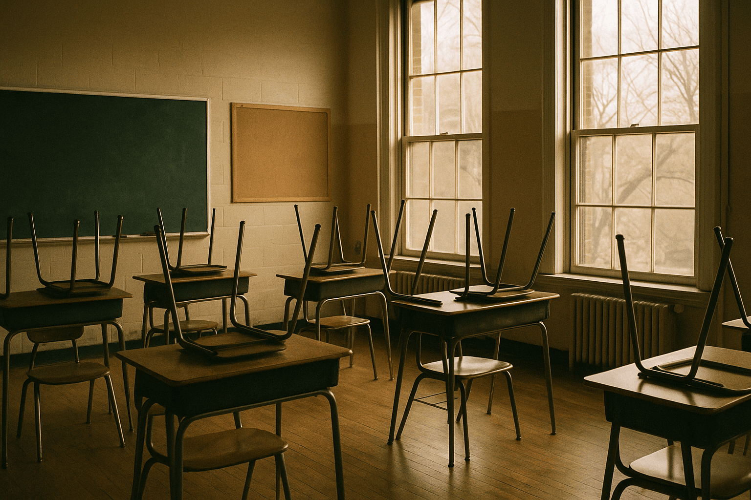 Empty school classroom with chairs stacked on desks and late afternoon light coming through the tall windows.