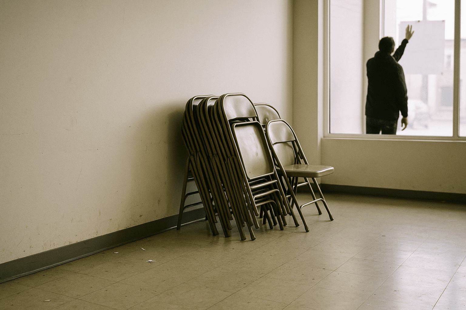 Stacked folding chairs by the wall of an empty campaign office the morning after a byelection.