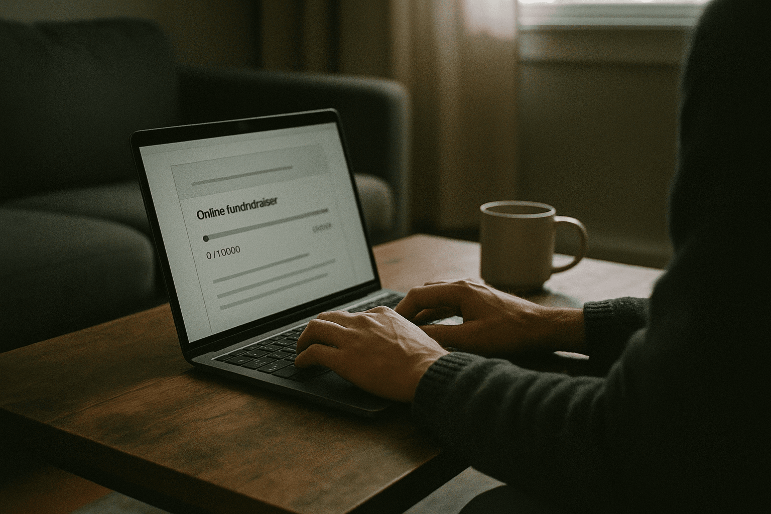 Hands type on a laptop keyboard beside a mug in a dim living room as an online fundraiser stalls.