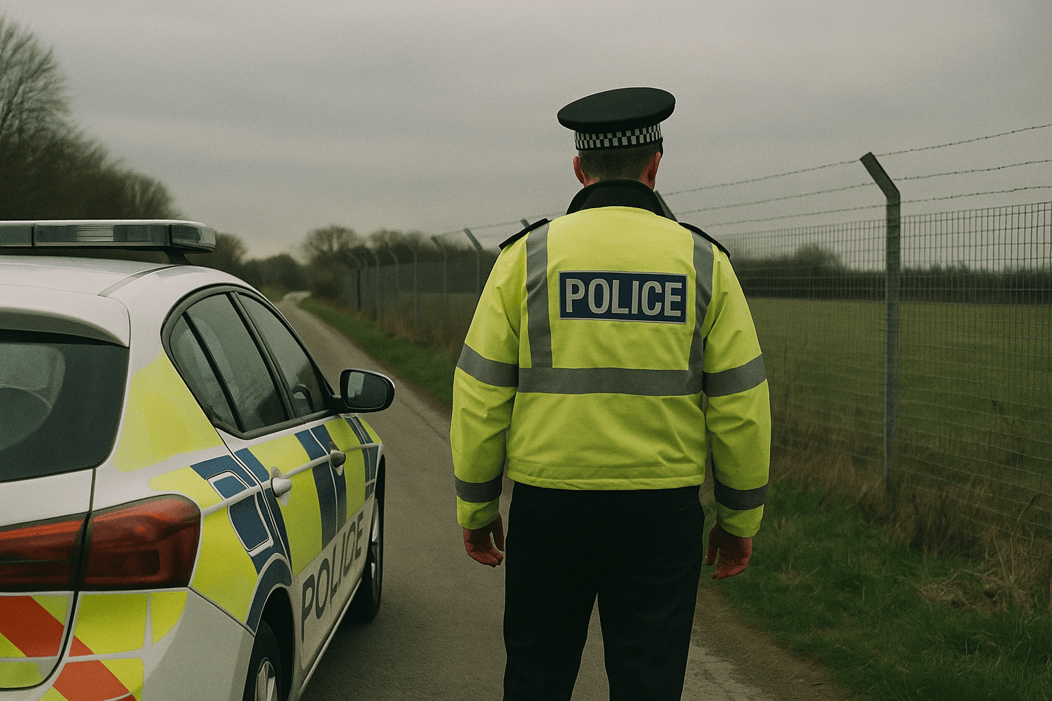 A police officer seen from behind beside a patrol car on a quiet country lane near a wire perimeter fence under an overcast sky.