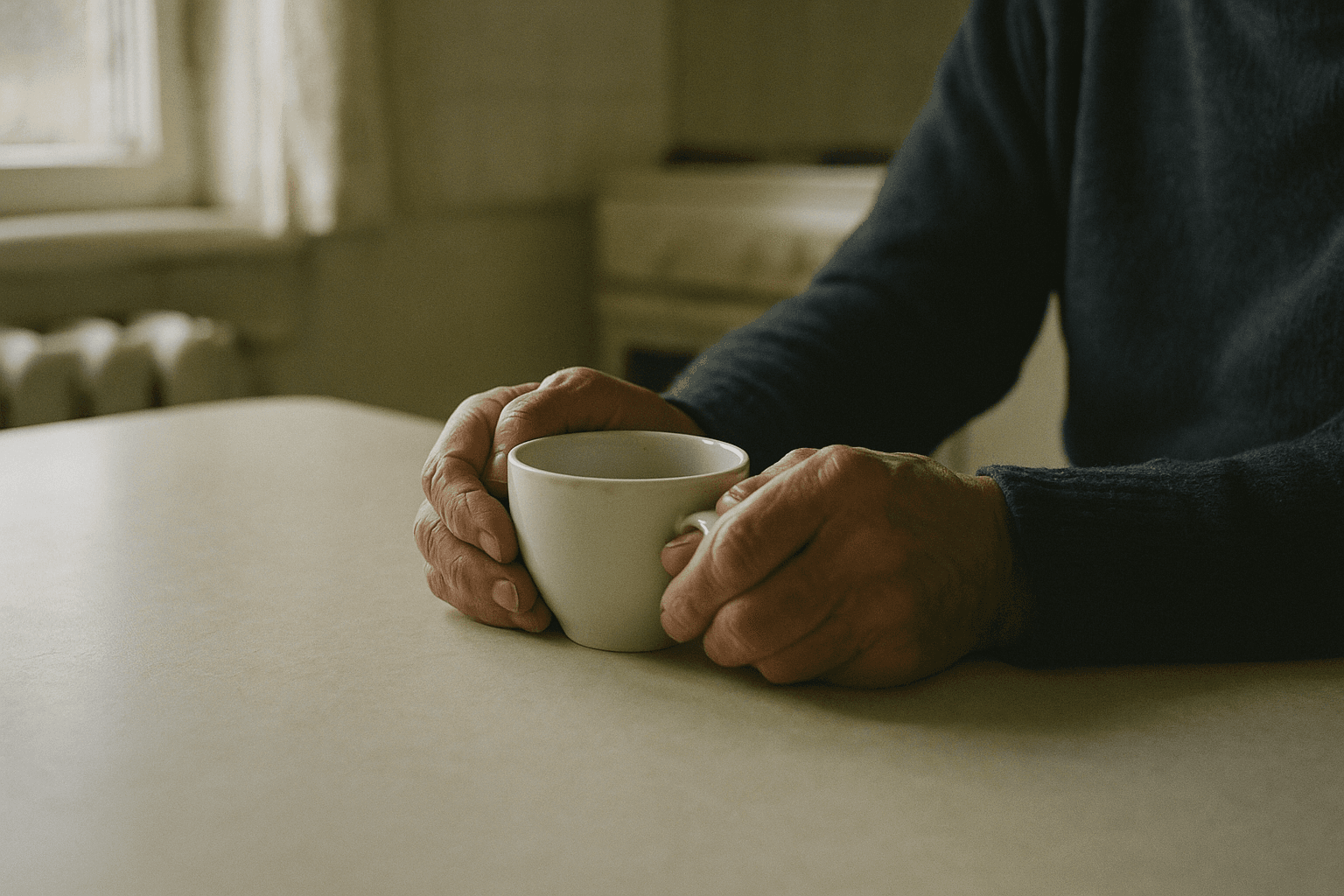 Weathered hands wrapped around a teacup resting on a plain kitchen table in soft morning light in an ordinary home.