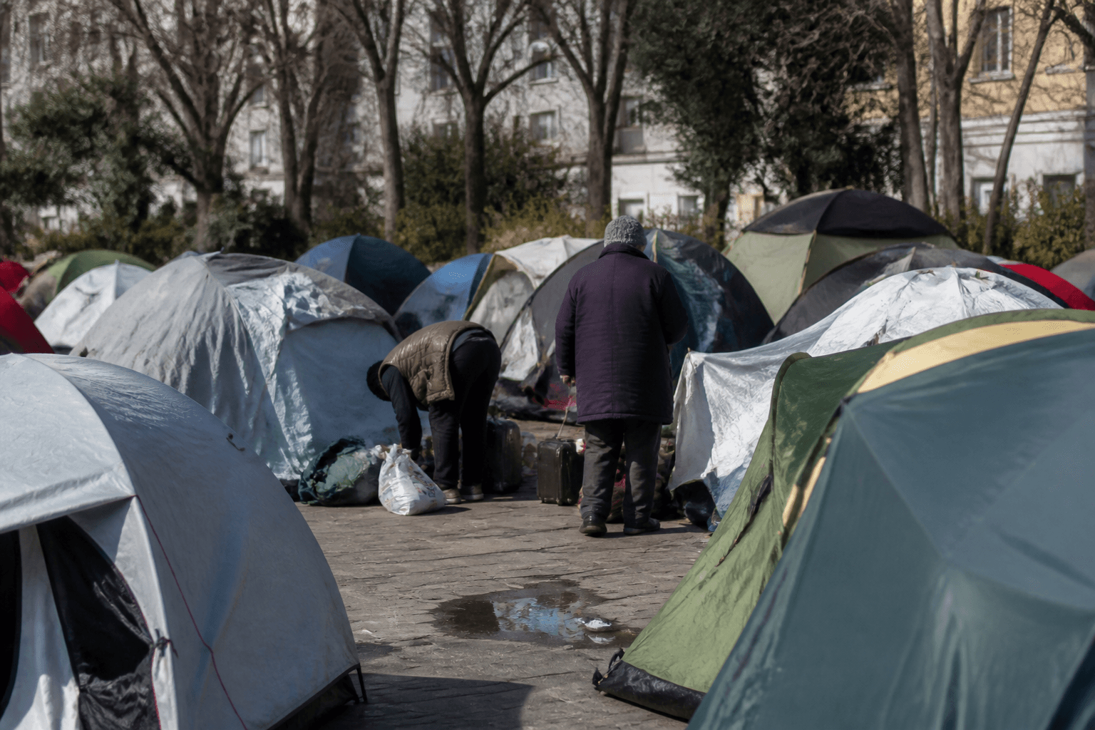 Tents pitched across a sunlit city square as a few campers, seen from behind, sort their belongings between the lines of shelters.