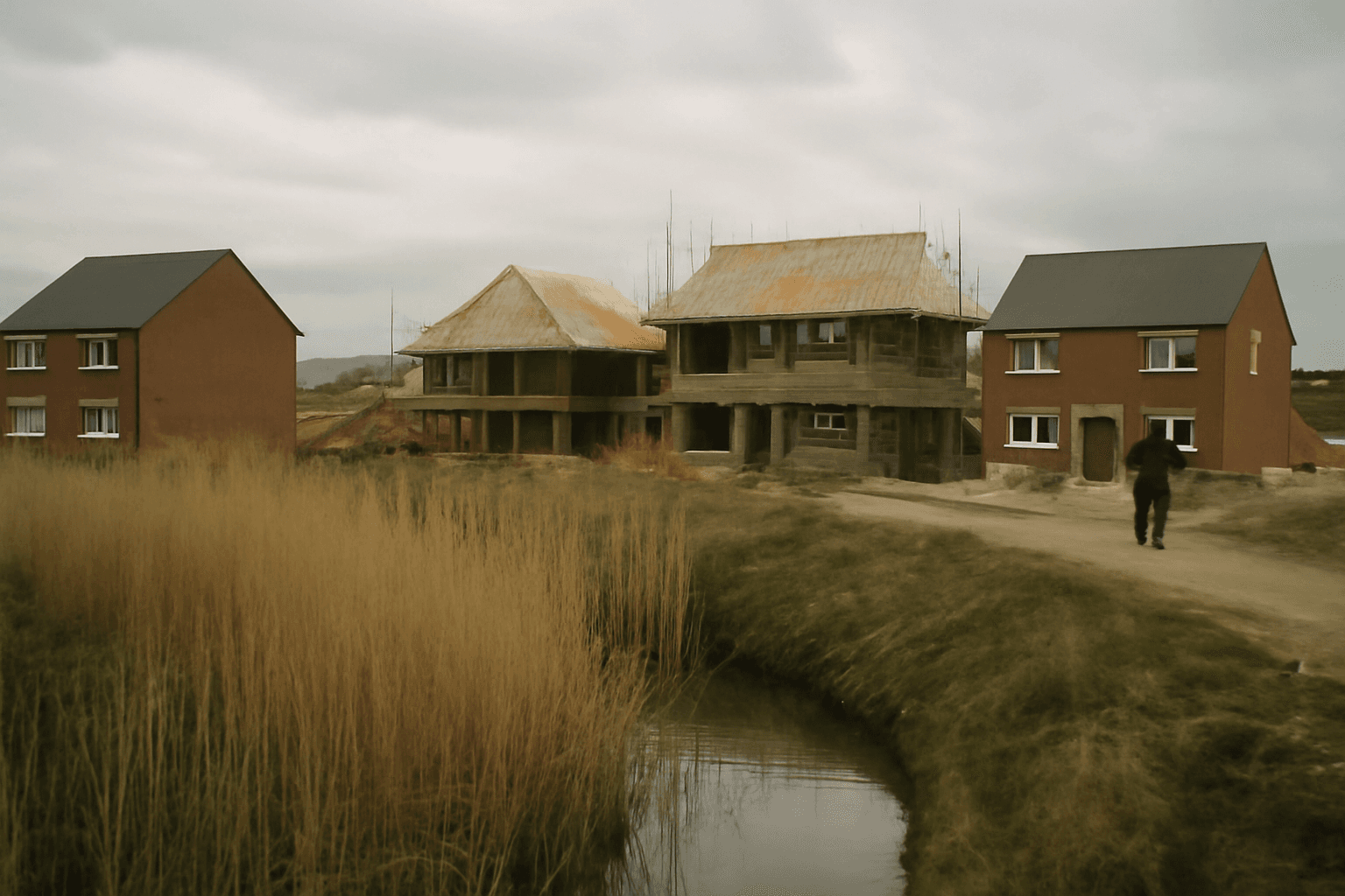 A half-finished housing estate seen across a reed-lined drainage ditch under an overcast sky.