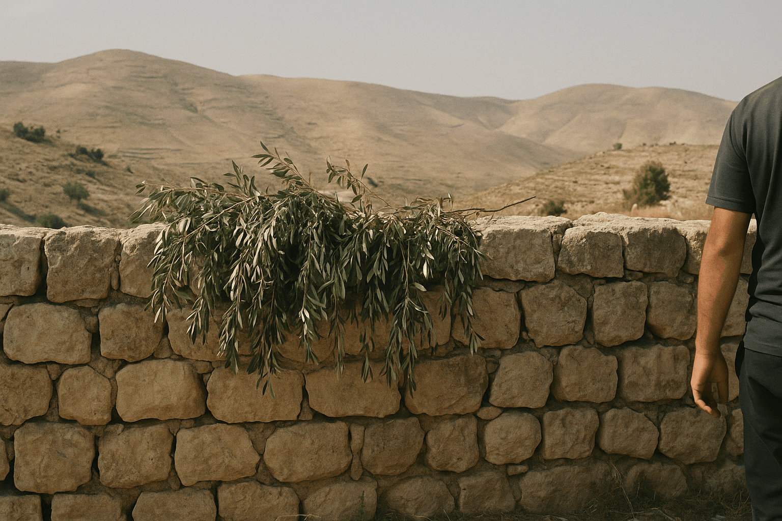 A weathered stone wall draped with olive branches rests against a backdrop of rolling, arid hills under a clear sky.