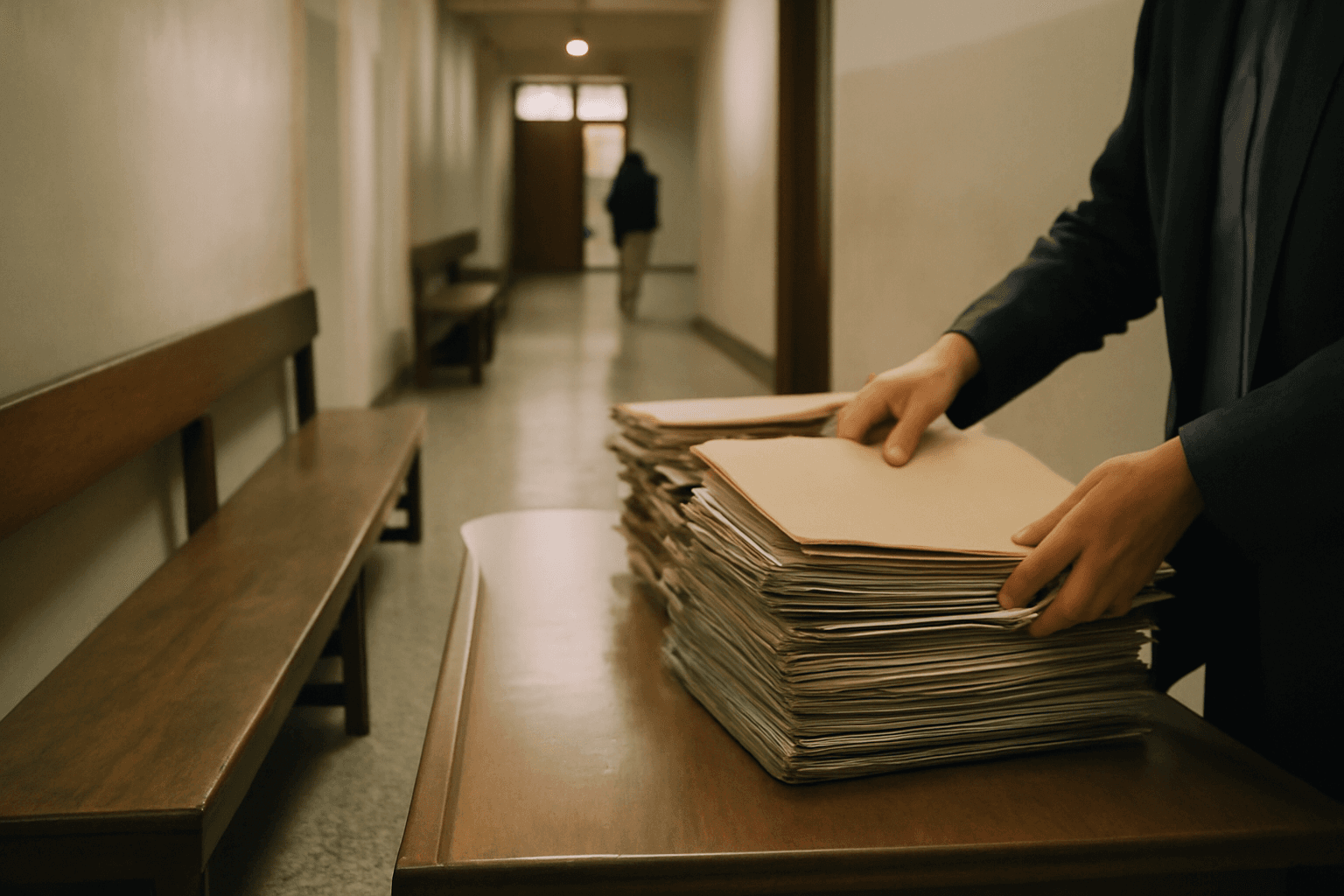 A quiet courtroom corridor with wooden benches and stacked legal files, a clerk's hands arranging folders before a hearing.