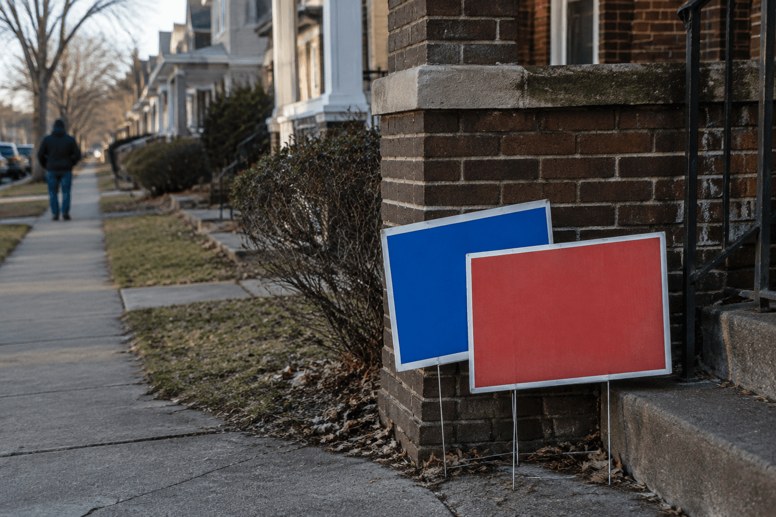 Campaign yard signs leaning against a brick porch railing on a quiet residential street the weekend before a primary vote.