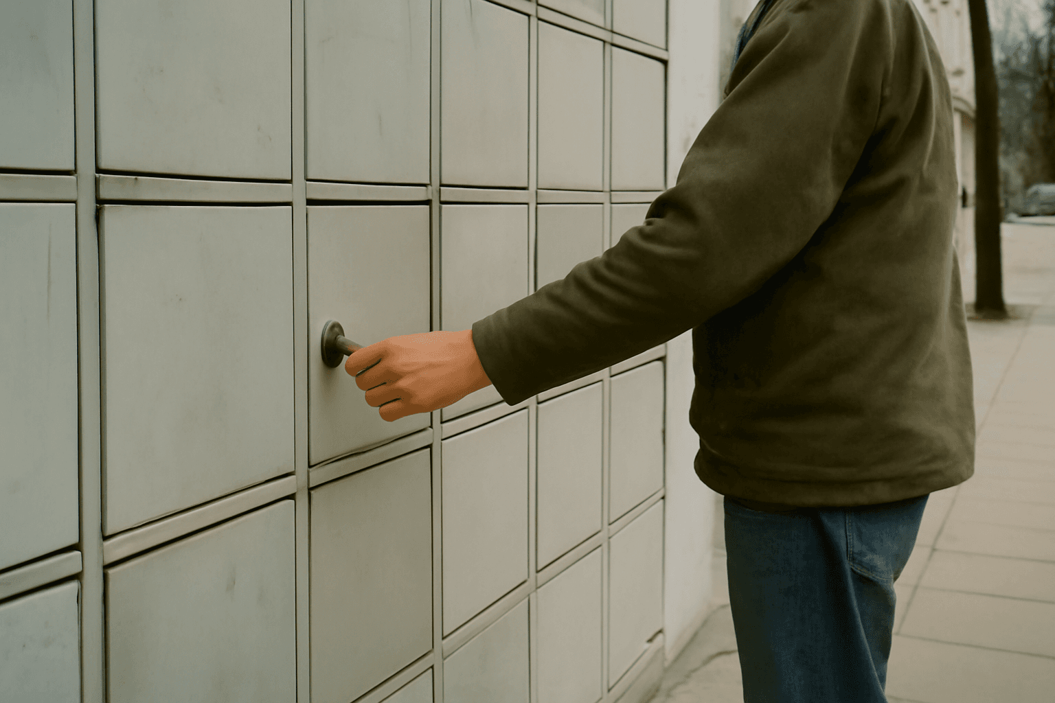 A hand reaches for the handle of a small metal compartment in a plain locker unit on a Warsaw pavement.