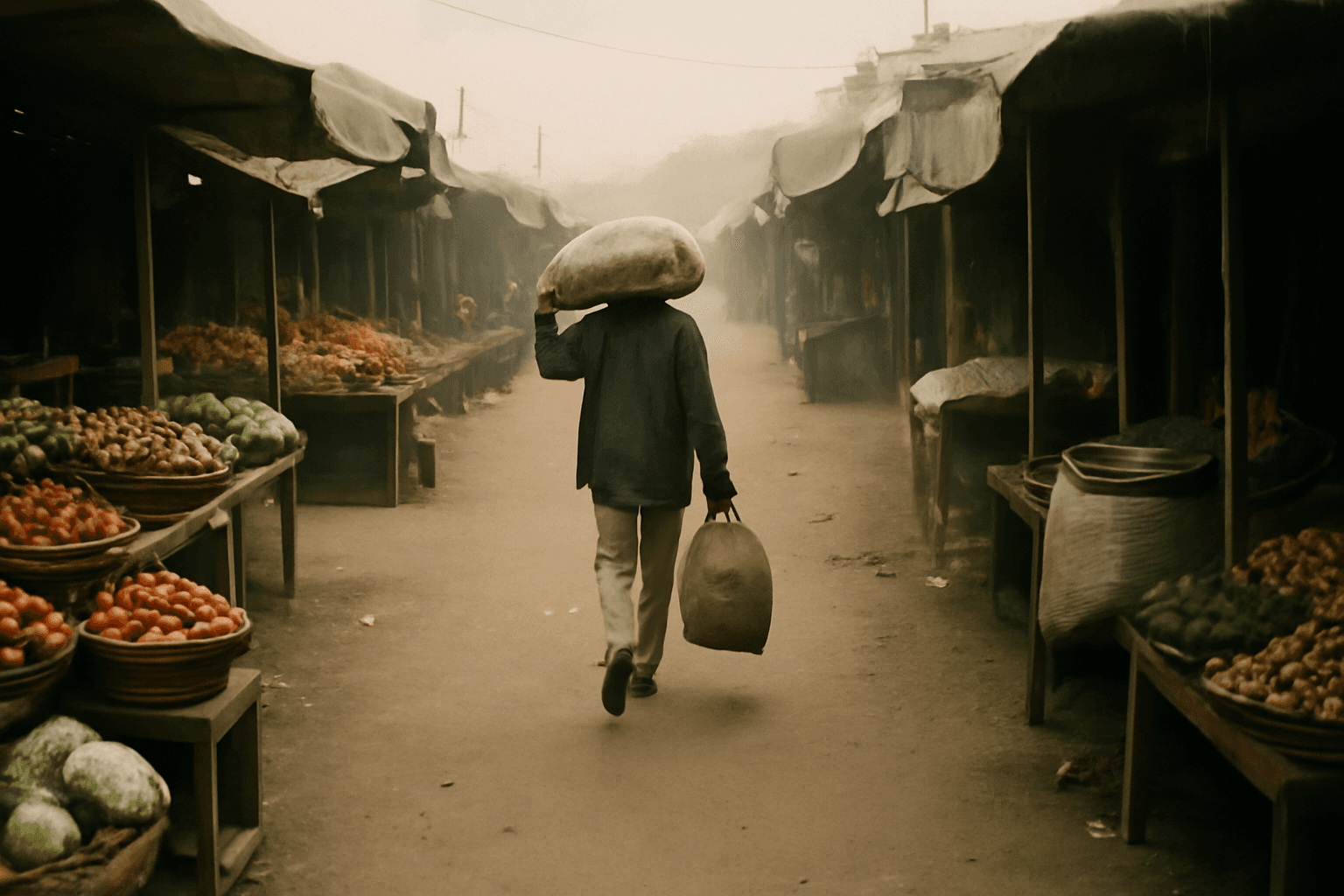 Shoppers' stalls at a busy open-air market on a dusty day, with a figure seen from behind carrying goods between them.