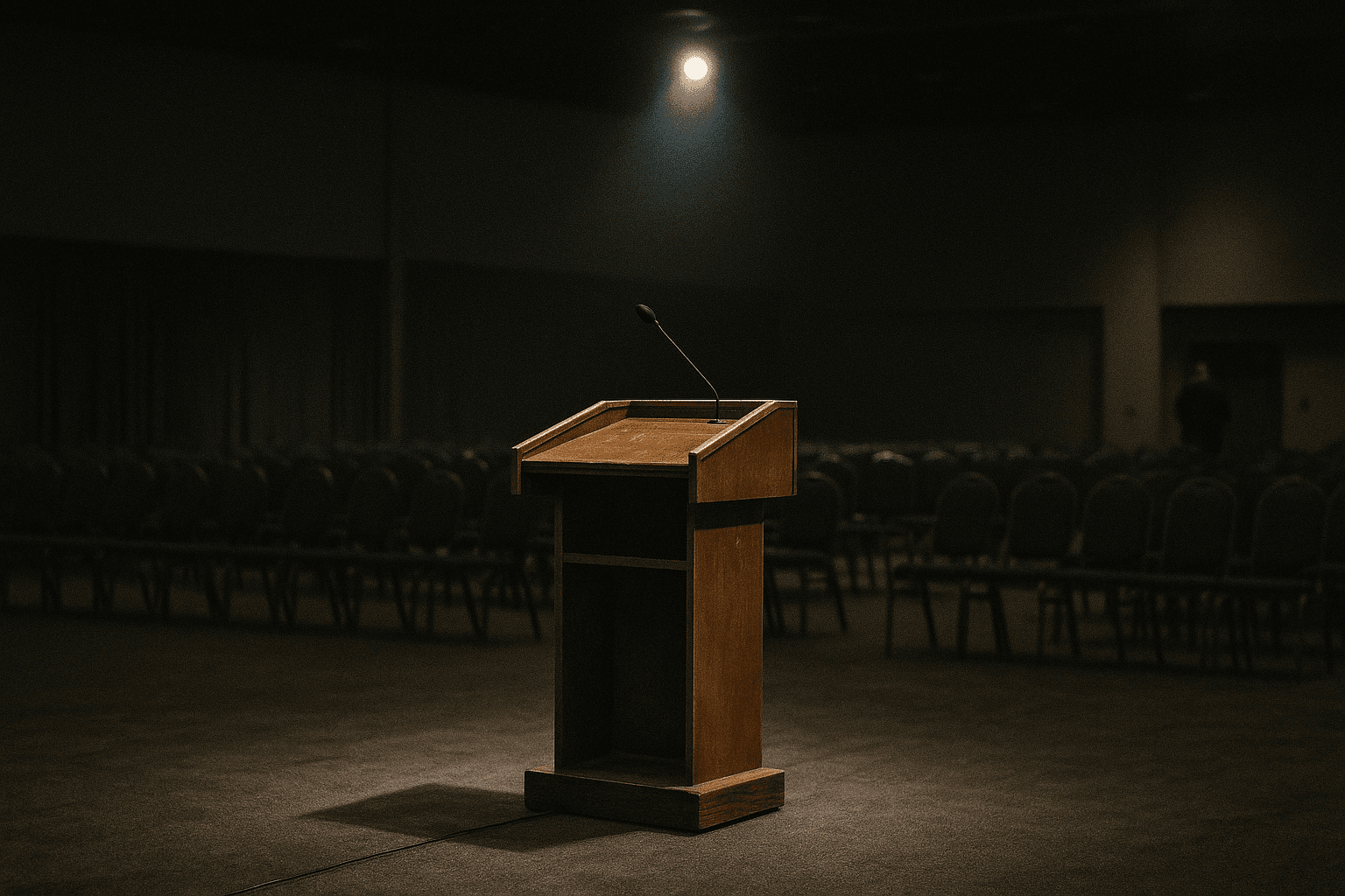 A solitary, worn wooden podium stands under a single, stark spotlight in an empty, dimly lit conference hall, symbolizing the heavy weight of leadership and strict financial constraints.