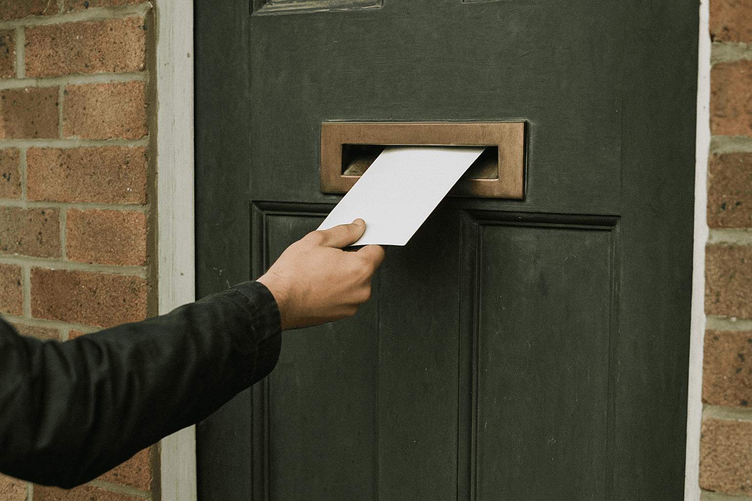 A hand posting a plain white envelope through the letterbox of a brick front door.