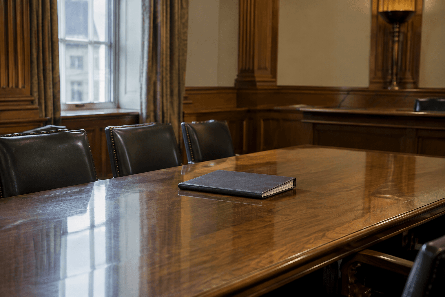 A polished wooden conference table with empty chairs in a quiet government hearing room, one folder lying closed at its centre.