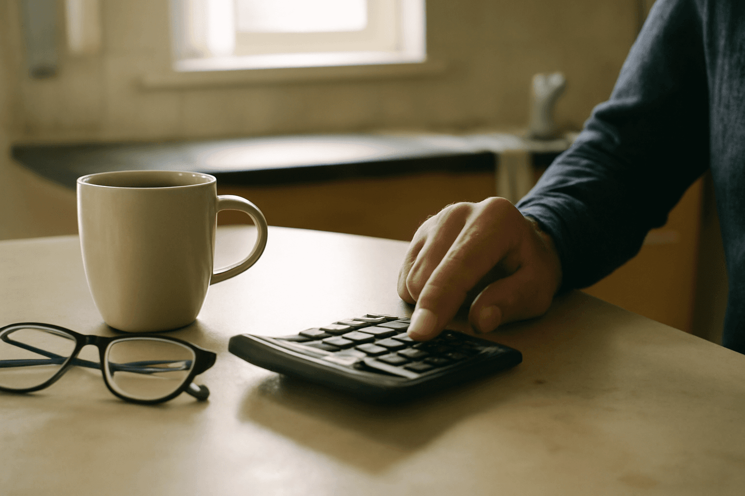 A hand pressing the keys of a calculator beside a mug and a pair of glasses on a kitchen table in soft morning light.
