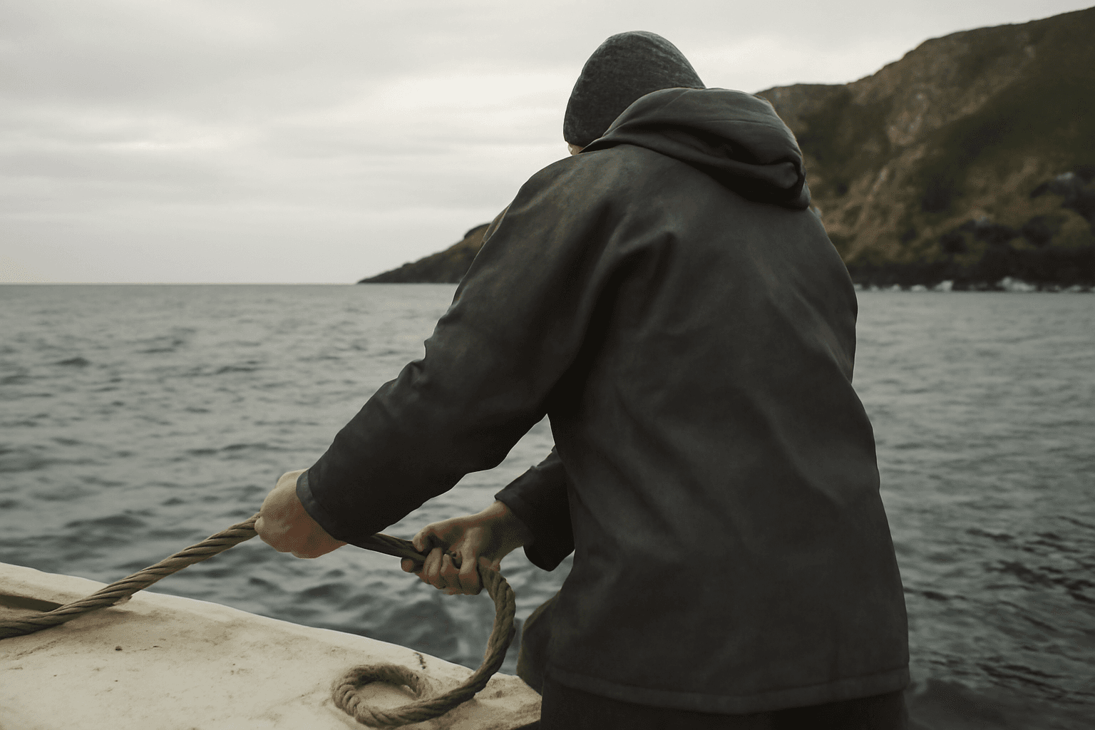 Hands of a fisherman hauling a rope on a small boat near a rocky coastline under an overcast sky, seen from behind at a distance.