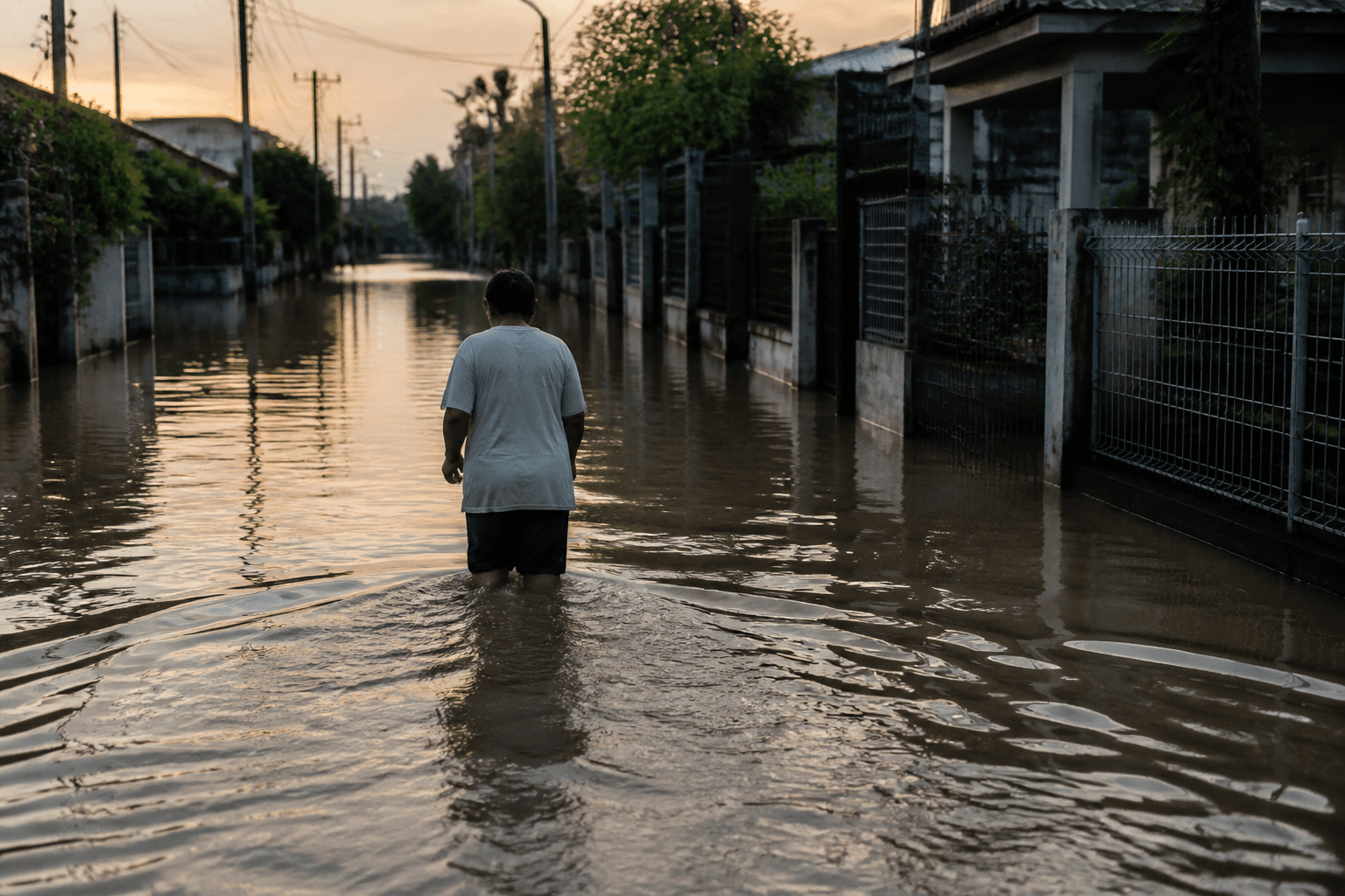 A resident seen from behind wades through knee-deep brown floodwater covering a residential street at dusk.