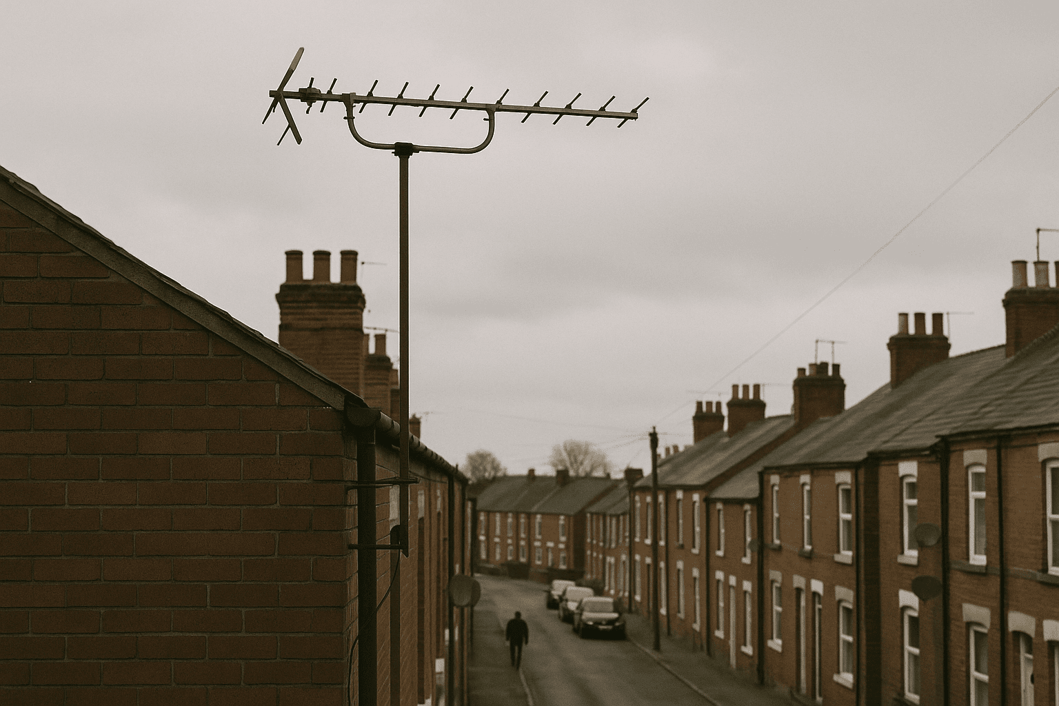 A rooftop television aerial above terraced houses under an overcast sky in a quiet residential street.