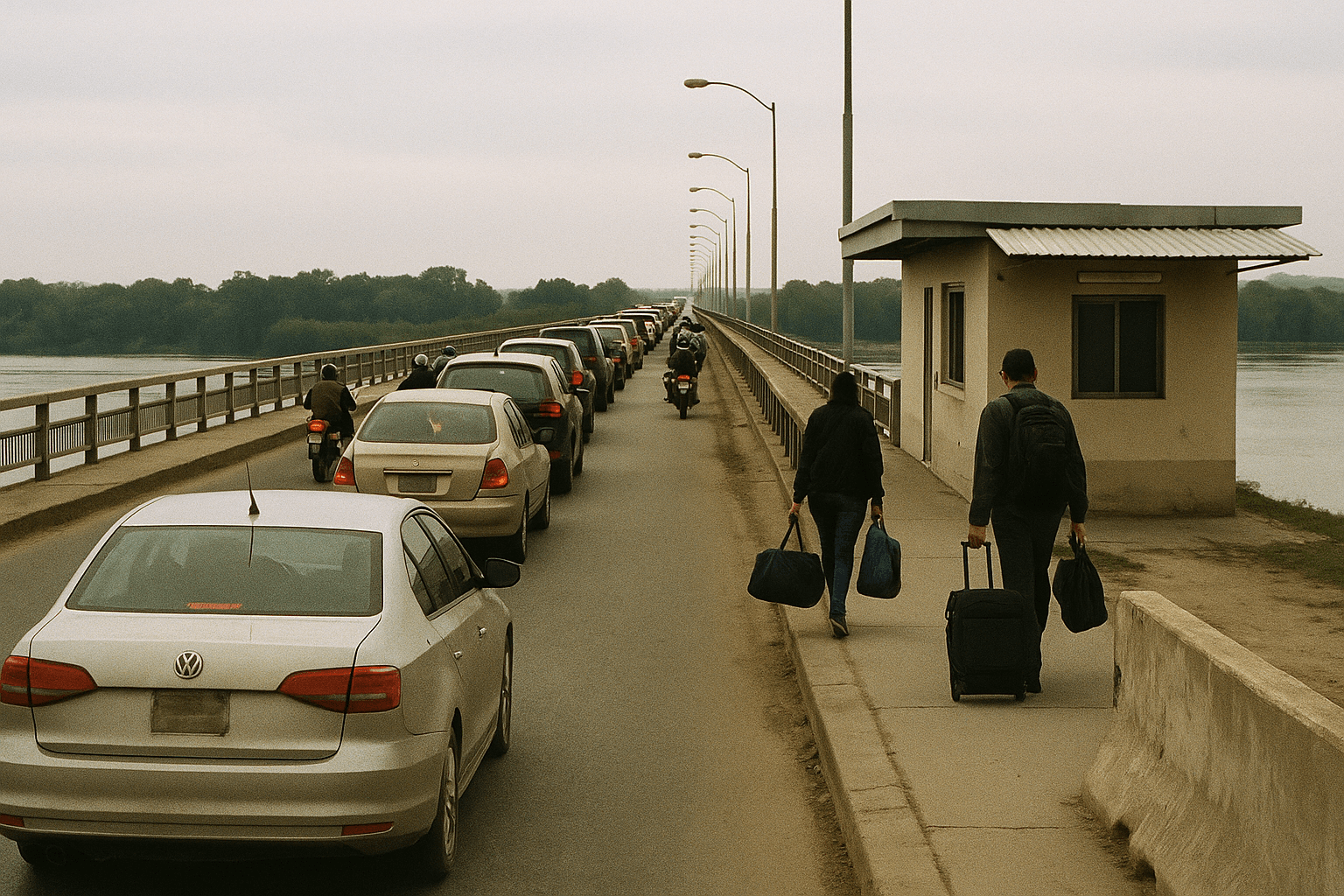 Cars and motorcycles queue across a border bridge over a wide river while figures with luggage walk past a low checkpoint building.