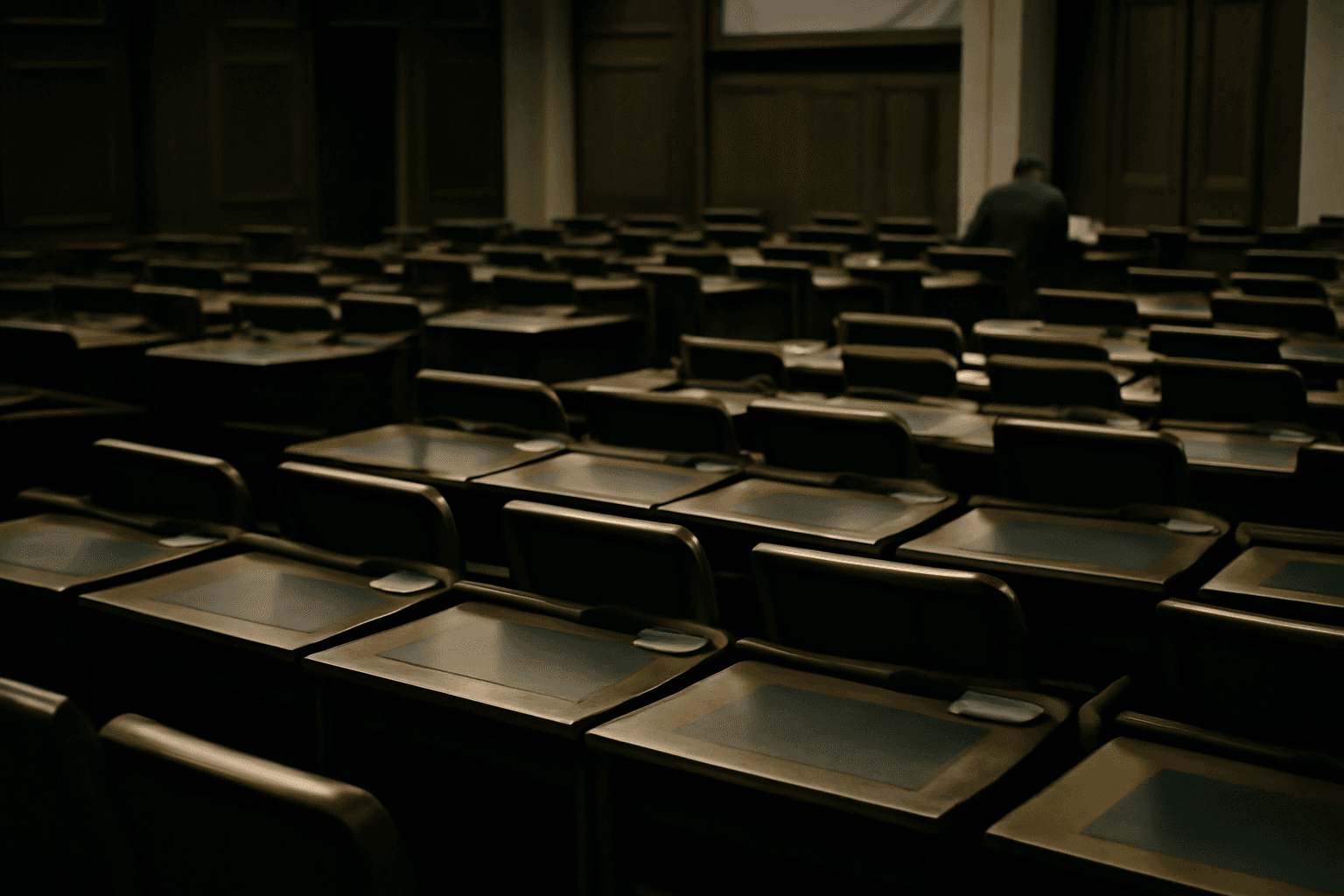 Empty wooden voting desks in a dimly lit parliamentary chamber after a late-night ballot.