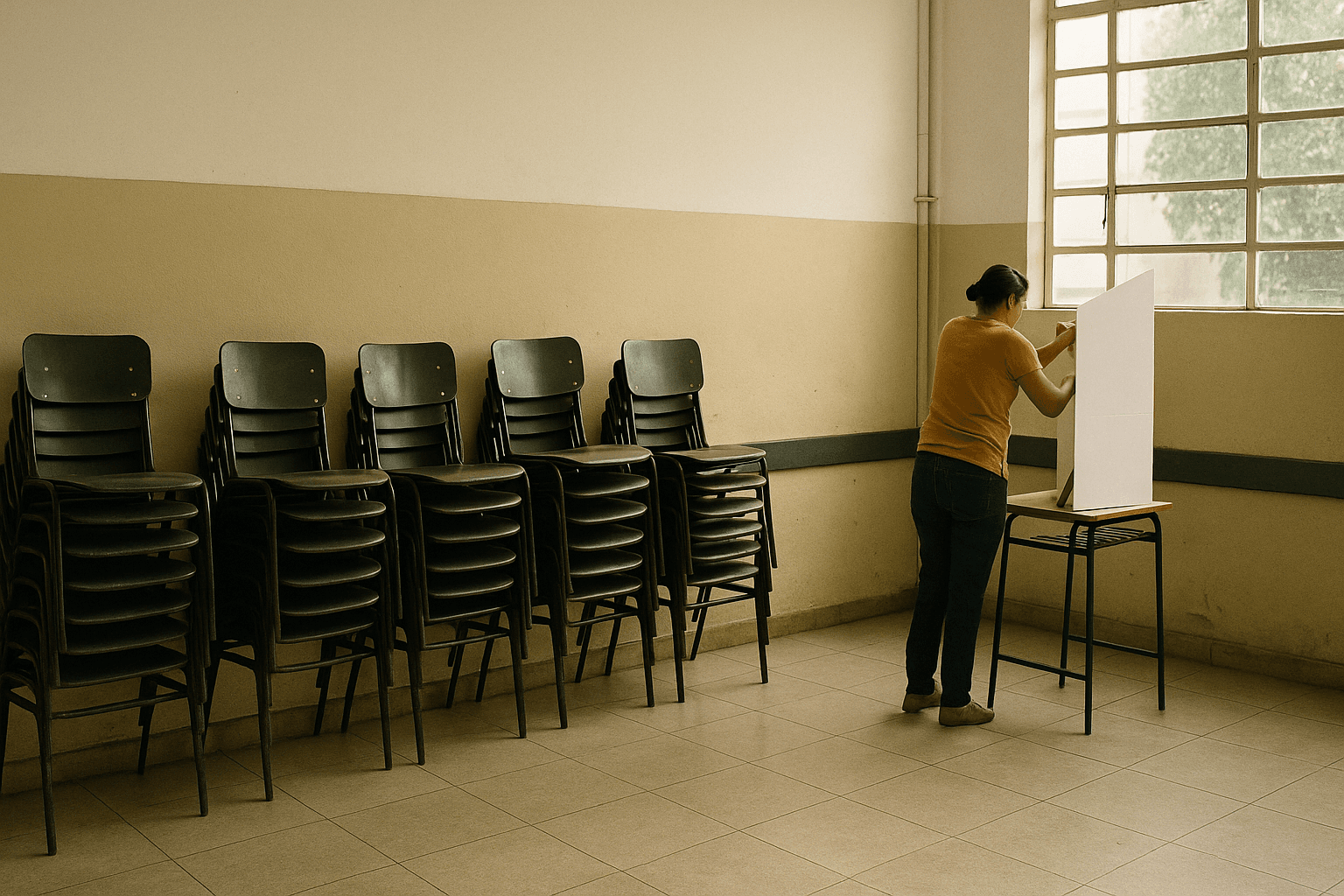Stacked folding chairs stand against the wall of an empty school hall being prepared as a polling station for Brazil's vote.