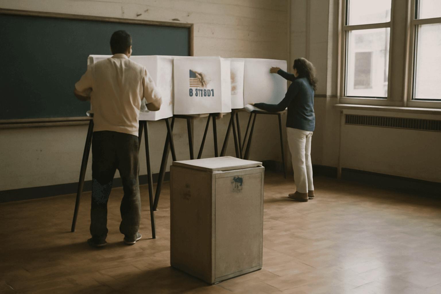 Election workers seen from behind arrange plastic voting booths beside a metal ballot box in an empty school hall.