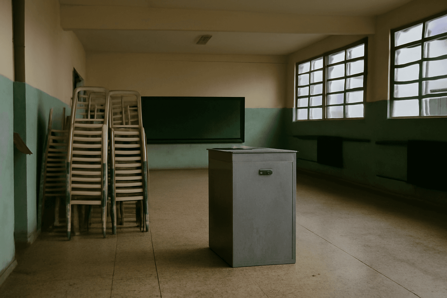 Stacked plastic chairs and a plain metal ballot box stand in an empty school hall the evening before Brazil's presidential election.