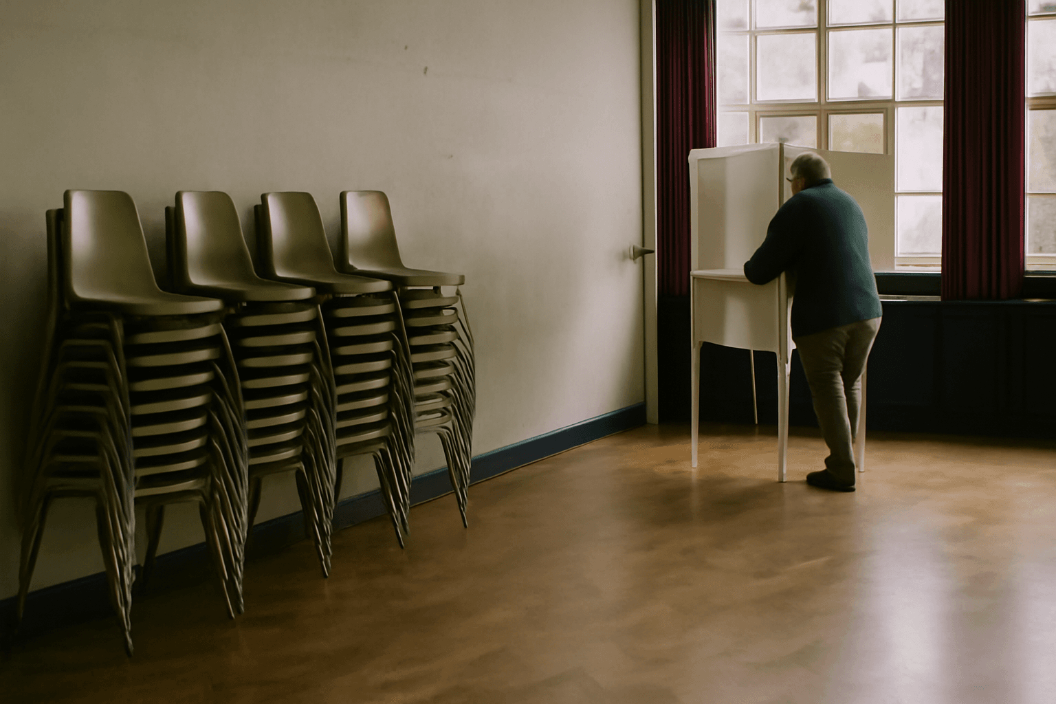 Folding chairs stacked by the wall of an empty school hall being readied as a polling station before the vote opens.