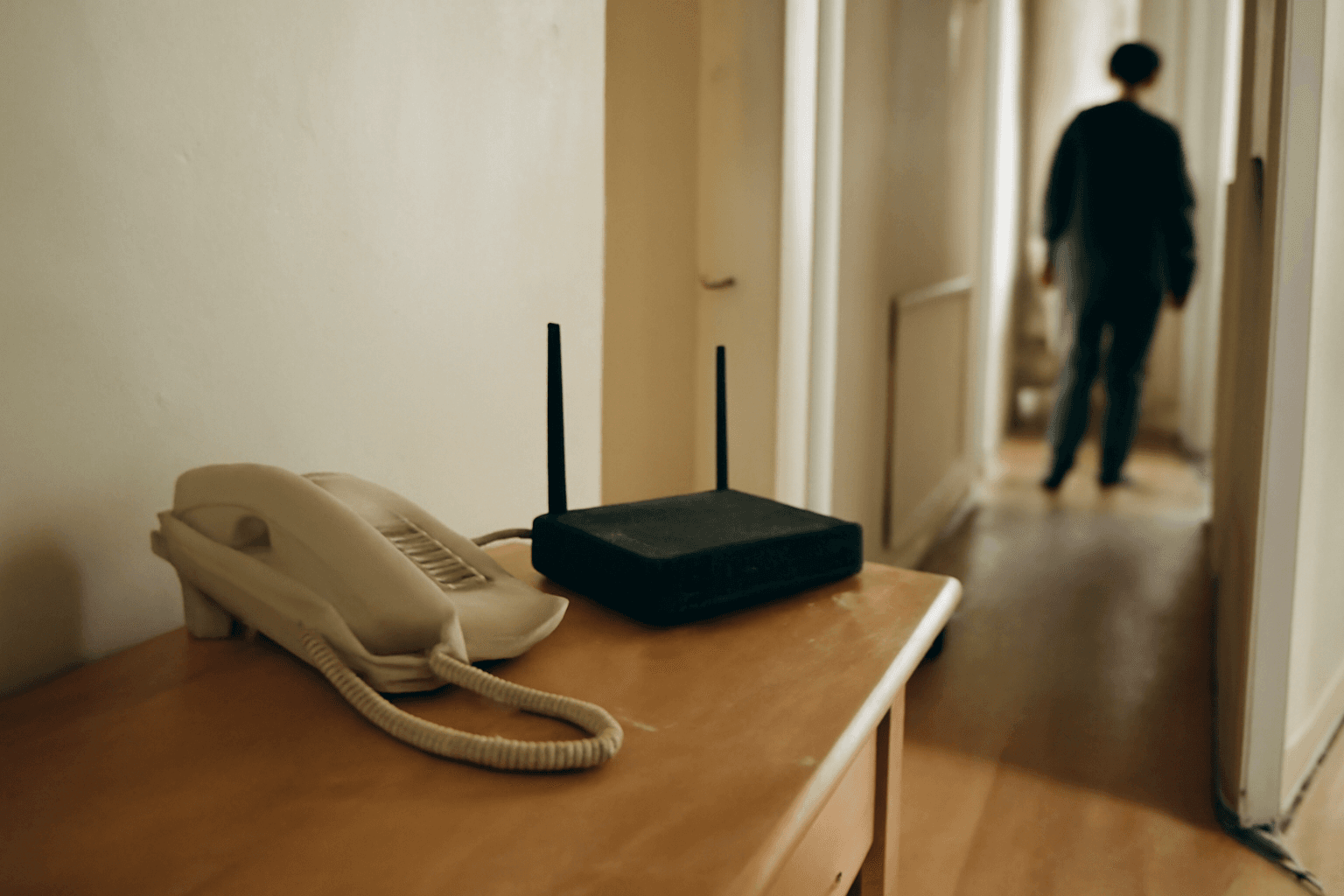 A corded landline telephone and a broadband router sit on a wooden table in the hallway of an ordinary home.