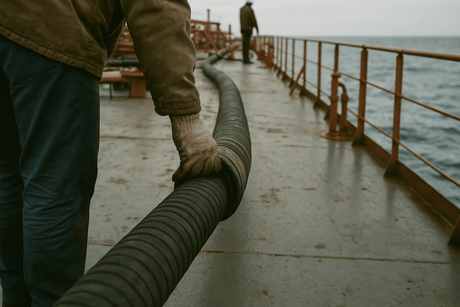 A gloved hand grips a thick fuel hose laid across the steel deck of a cargo ship at sea.