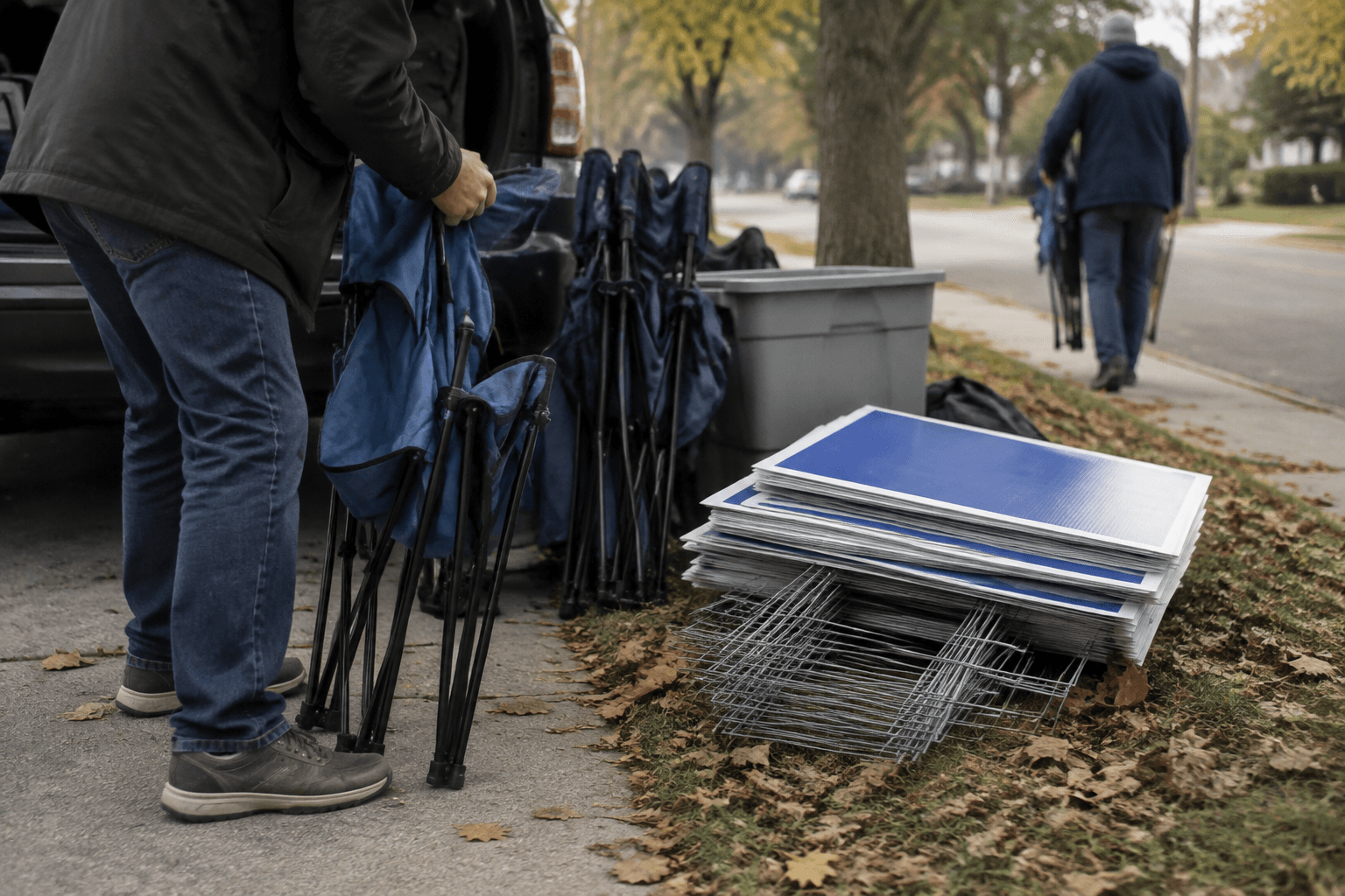 Campaign volunteers folding lawn chairs beside a stack of yard signs on a suburban pavement the morning after an evening rally.
