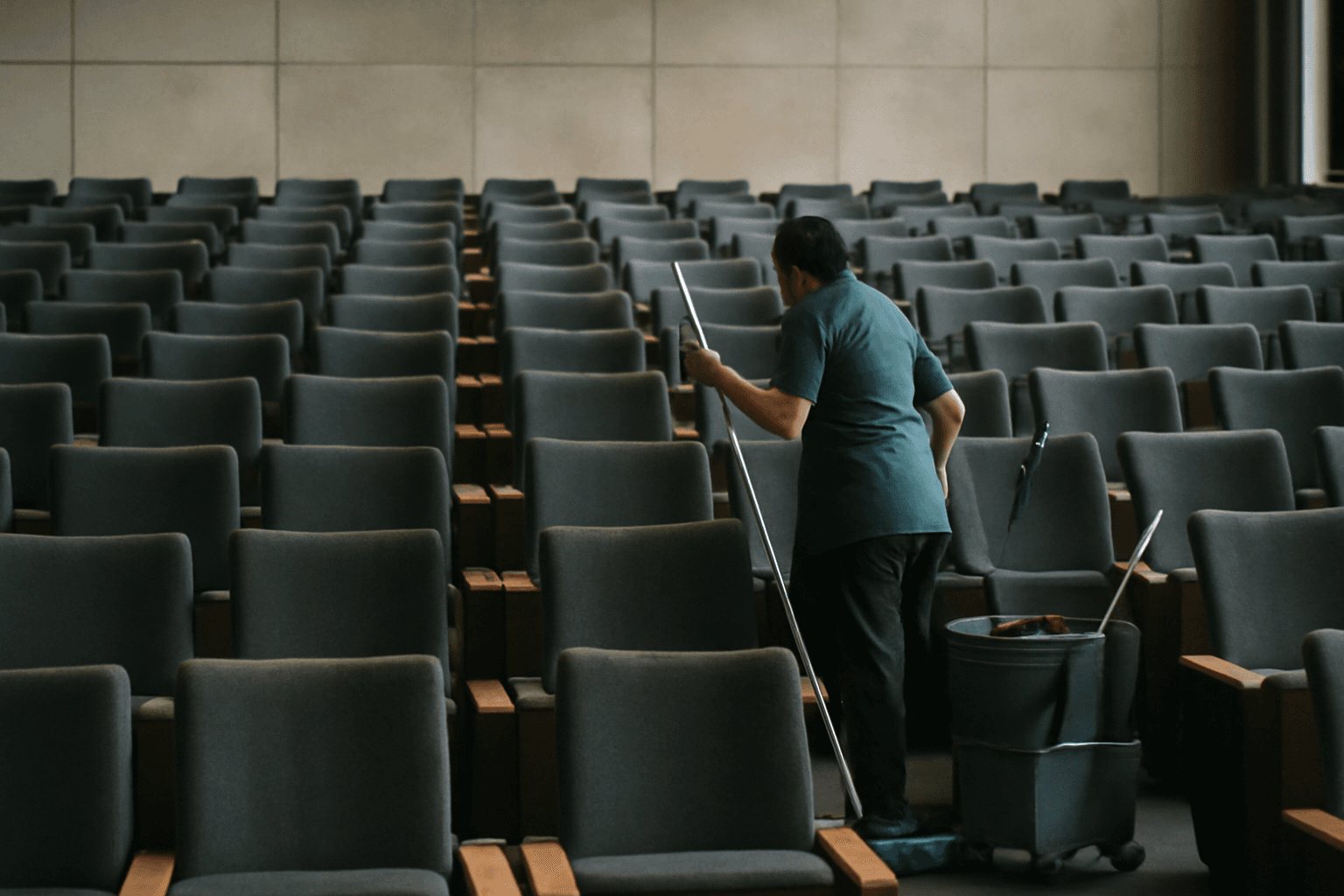 A cleaner works between rows of empty seats in a large conference auditorium the day before delegates arrive.