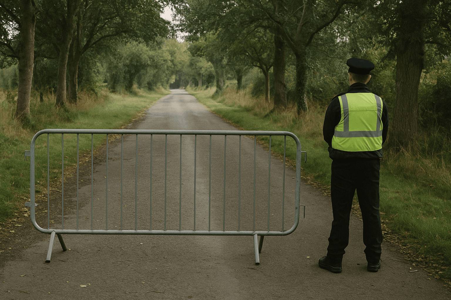 A temporary metal barrier across a quiet tree-lined rural lane, a lone police officer standing with his back to the camera nearby.