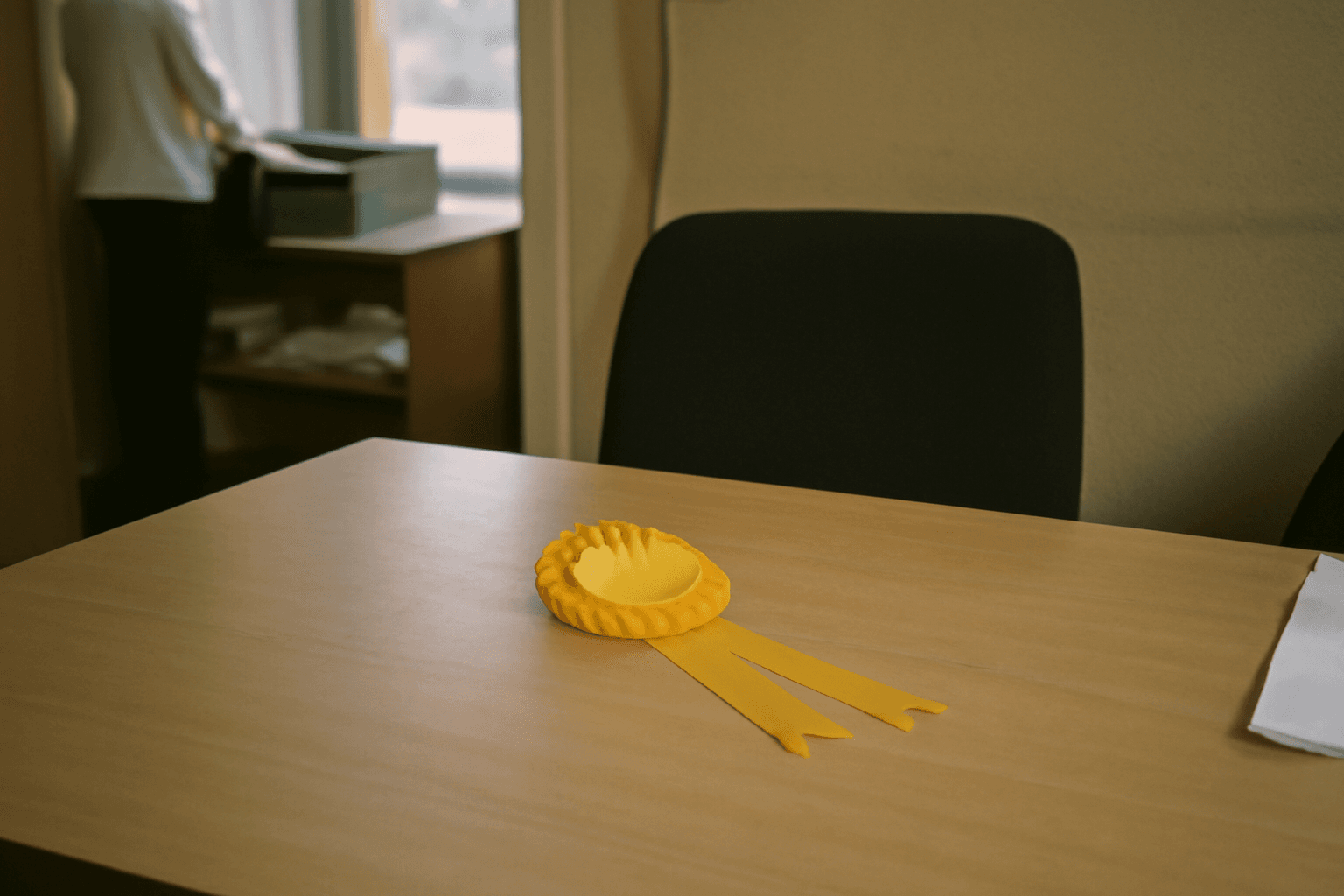 A folded yellow rosette lying on a quiet constituency office desk beside an empty chair.