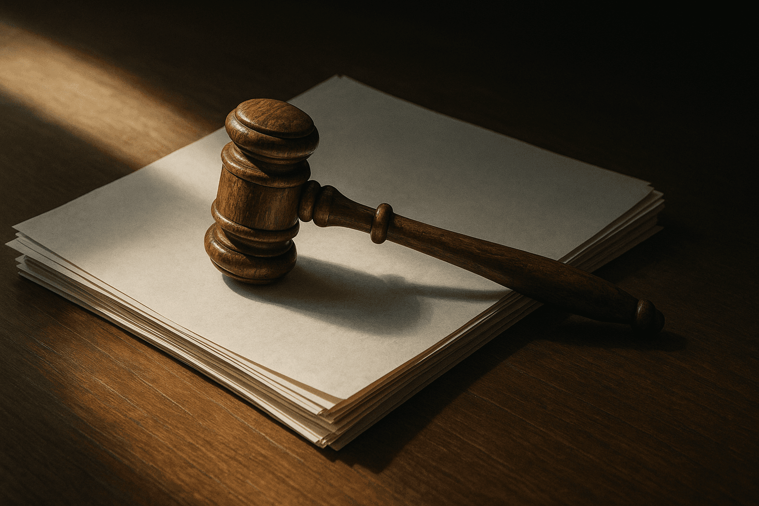 A weathered wooden gavel resting on a stack of blank documents under a shaft of sunlight, symbolizing the legislative shifts shaping the nation's future.