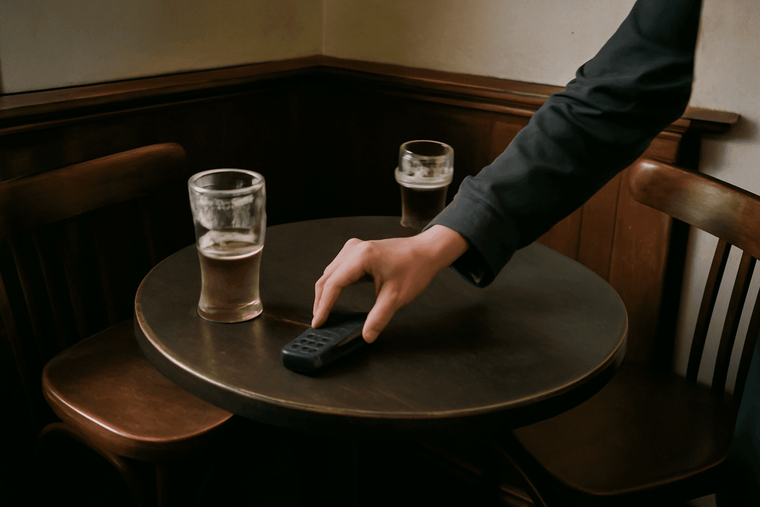 A hand adjusts a small portable recording device on a table in a quiet pub corner, chairs and half-finished drinks around it.