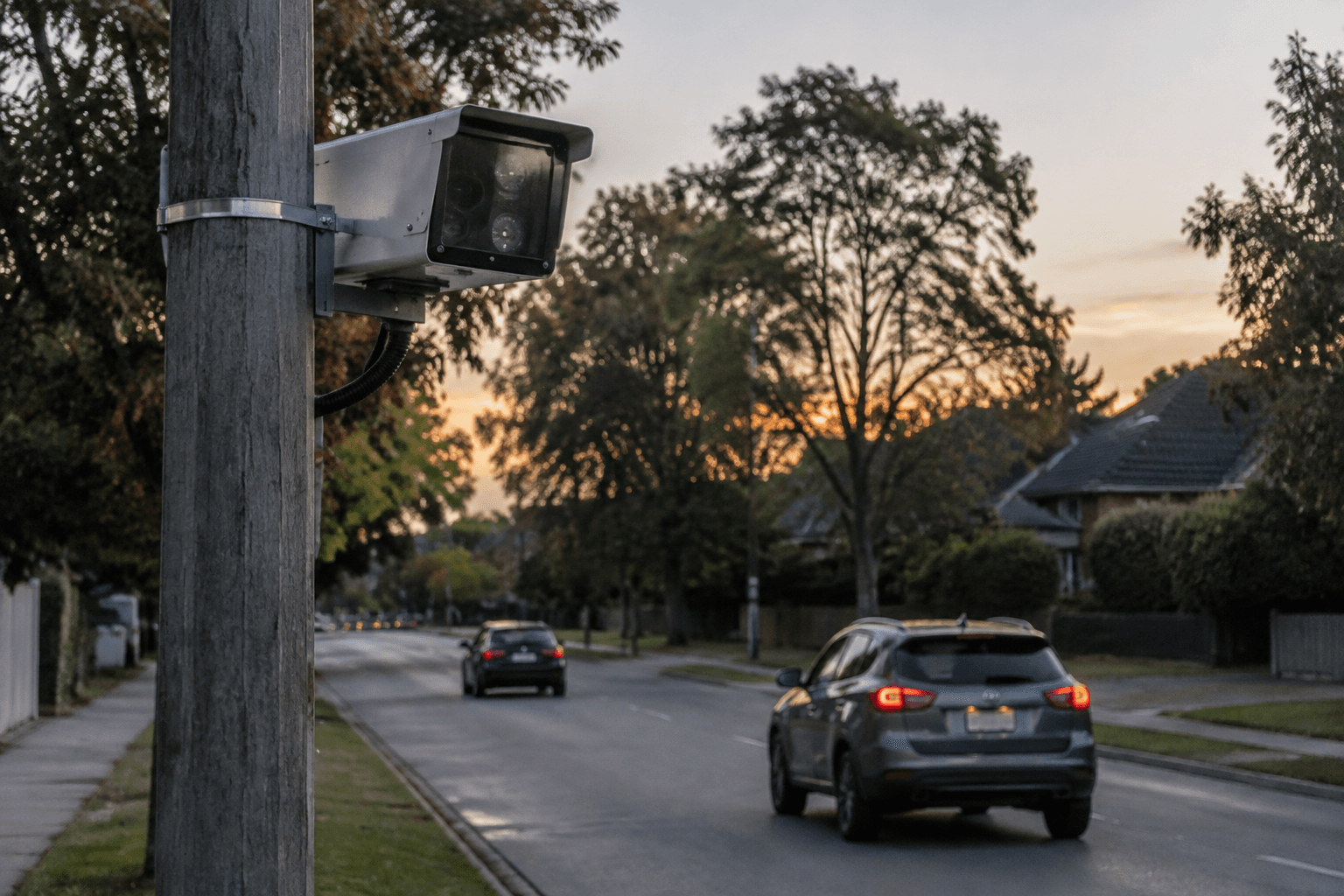 A licence plate camera mounted on a utility pole above a quiet suburban street as cars pass in the evening light.